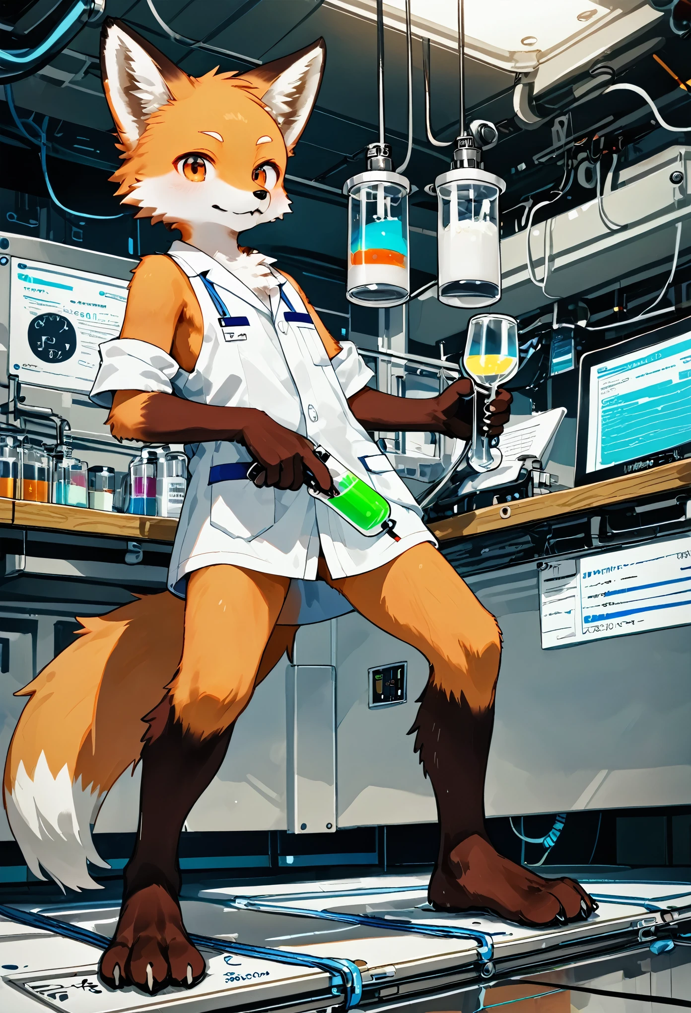 top quality, best quality, masterpiece, super high resolution, detailed background, laboratory, absurdres, perfect anatomy(handsome 1boy, kemono, solo focus, labo coat)(furry anthro, Furry body, fox facial features, fox body features)(very detailed body fur)full body, holding test tube,