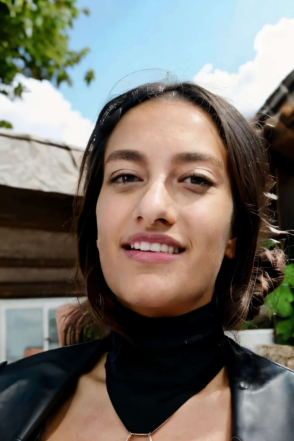 fotorealistisch, best quality, Hyper detailliert, gorgeous woman, Selfie-Foto, upper body, al fresco, (Nacht), (smile、A dark-haired woman with a hair bun at the back and two strands at the front left and right, keine hohe Stirn und die Haare verdecken noch ihre Stirn ein wenig, vierundzwanzig Jahre alt),Blick auf den Betrachter,Hautstruktur, Filmkorn, close up and stands frontally opposite the camera, 超A high resolution, Bester Schatten, .RAW, instagram LUT
black top (for the club), a golden little necklace, long black pleated skirt and high leather boots, inside her house in germany, in her living room, looking straight into the camera, shot taken from iphone, outside, doggystyle position, smiling