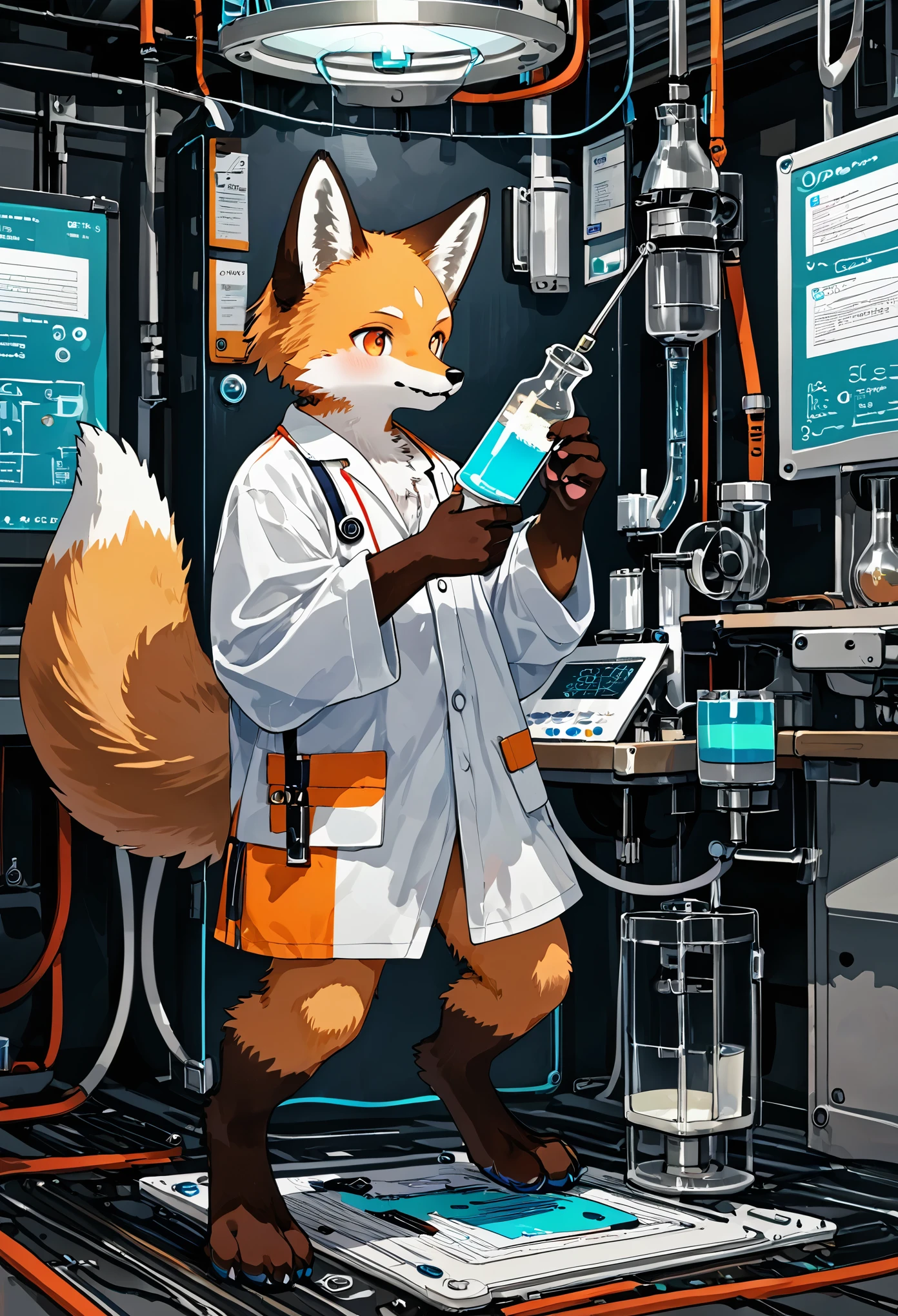 top quality, best quality, masterpiece, super high resolution, detailed background, laboratory, absurdres, perfect anatomy(handsome 1boy, kemono, solo focus, labo coat)(furry anthro, Furry body, fox facial features, fox body features)(very detailed body fur)full body, holding test tube,