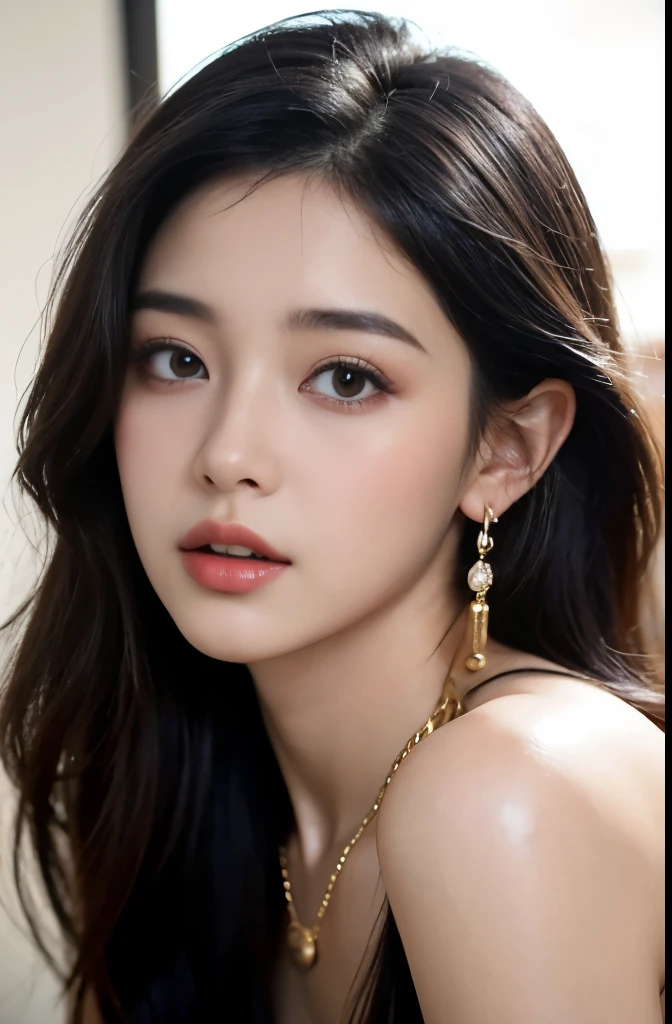 (masterpiece:1.3), (8 thousand, realistic, RAW photos, best quality: 1.4), (1 woman),(very sexy), (Beautiful makeover), (유난히 아름다운 realistic 얼굴), (Build a beautiful body) , (beautiful face), (beautiful face),  (long eyelashes),  (double eyelid), (realistic face), (black hair. parted, long hair:1.3), (아름다운 parted스타일), (realistic eyes), (really beautiful and delicate eyes), (beautiful and big breasts),(realistic skin), (beautiful skin), (absurd), (attractive), (ultra high resolution), (extremely realistic), (very detailed), (golden ratio),   (necklace),  (earring), (So beautiful and sexy)