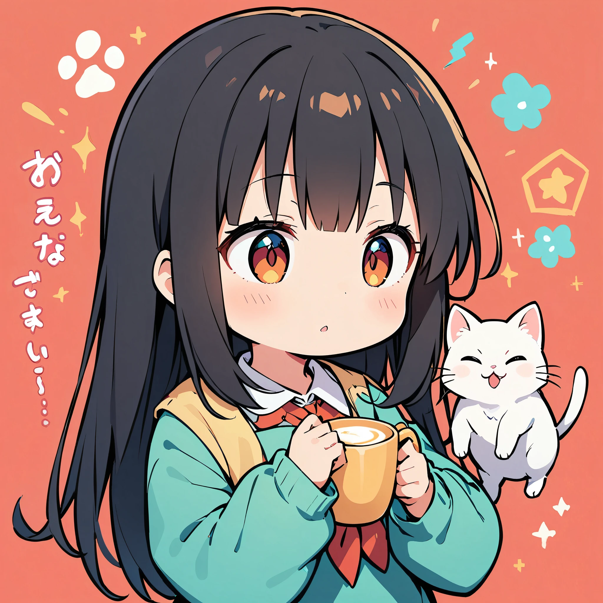 A girl and a cute cat, Cat and girl, Deformation, White cat, Black Hair Girl, Solid color background, 