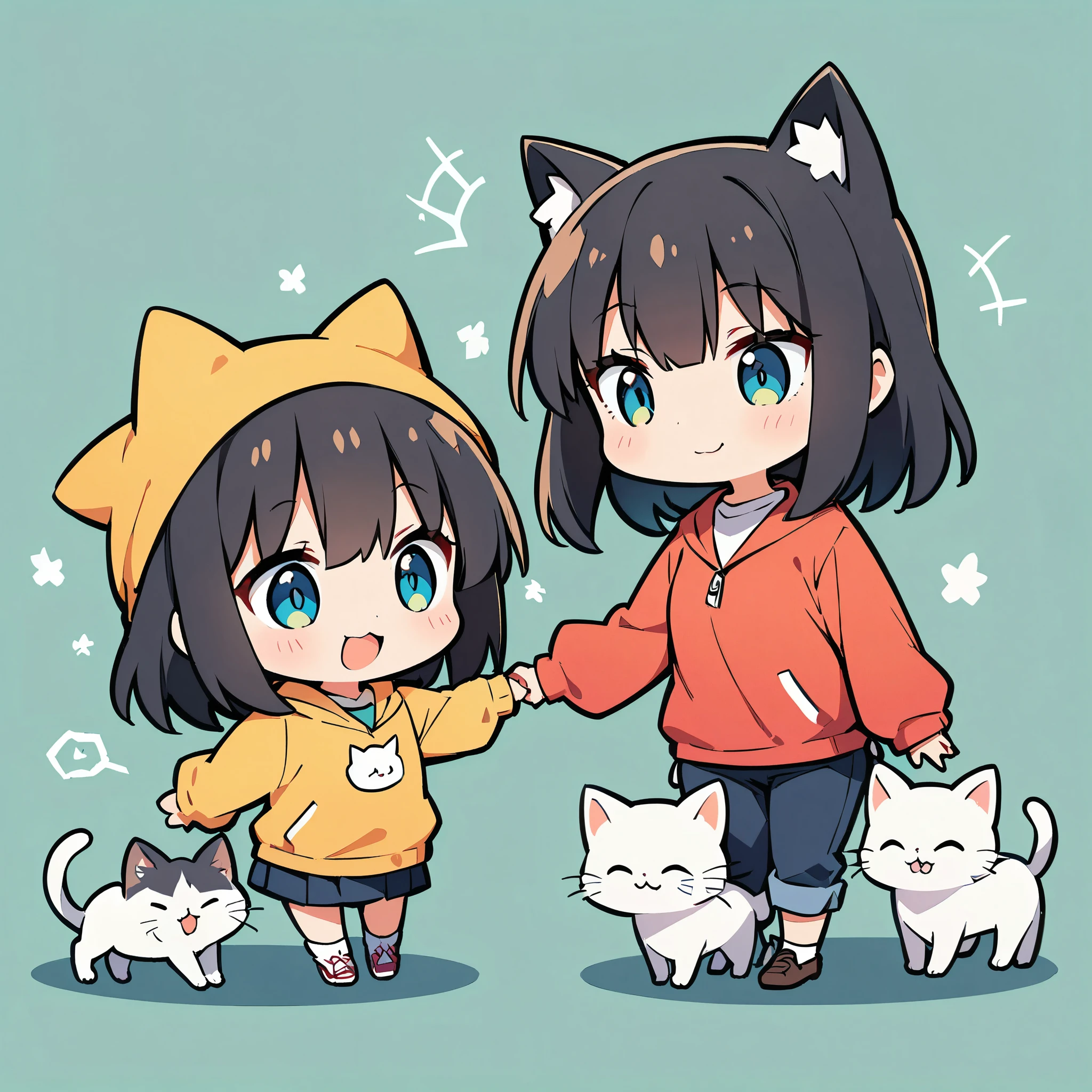 A girl and a cute cat, Cat and girl, Deformation, White cat, Black Hair Girl, Solid color background, 