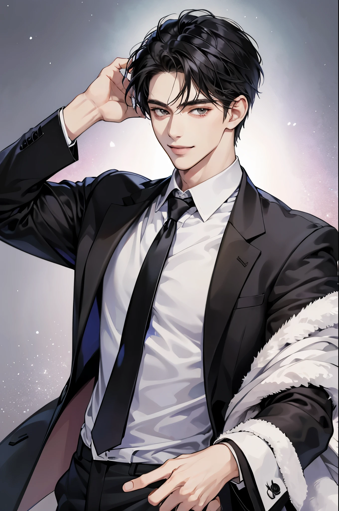 masuterpiece , Best Quality, Handsome guy, Shiny black hair,black bussines suits with tie,smile,looking at viewer,no background