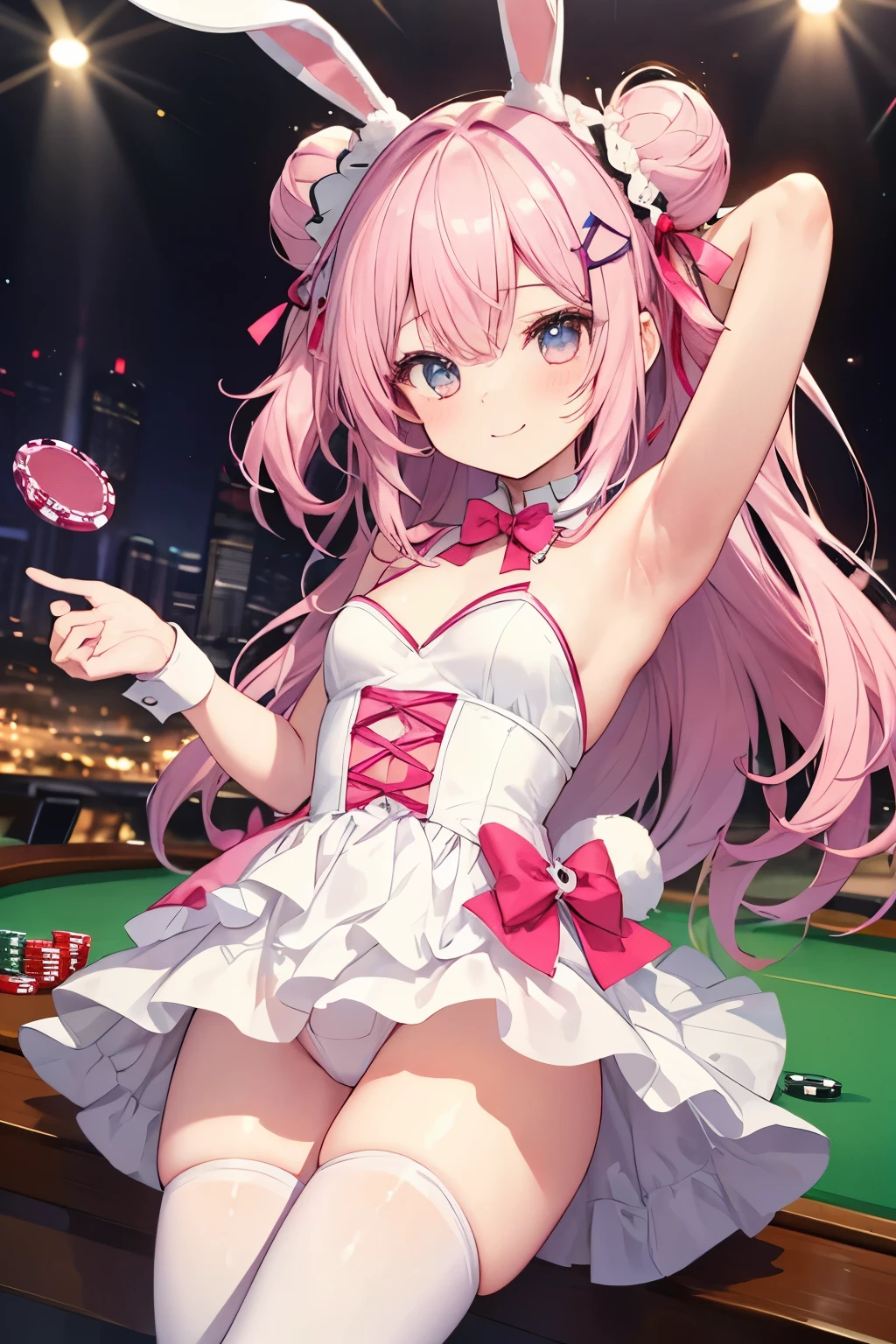 Pink Hair、ピンク目girl、Small breasts、Hair Bun、girl、Small breasts、ta、Bright smile、Looks about 15 yan Musume、short、目のhighlight、Sexy thighs、Bunny Girl Costume、Bunny ears、casino、Super sexy bunny girl、Please show me your armpits、Your eyes are so beautiful、highlight