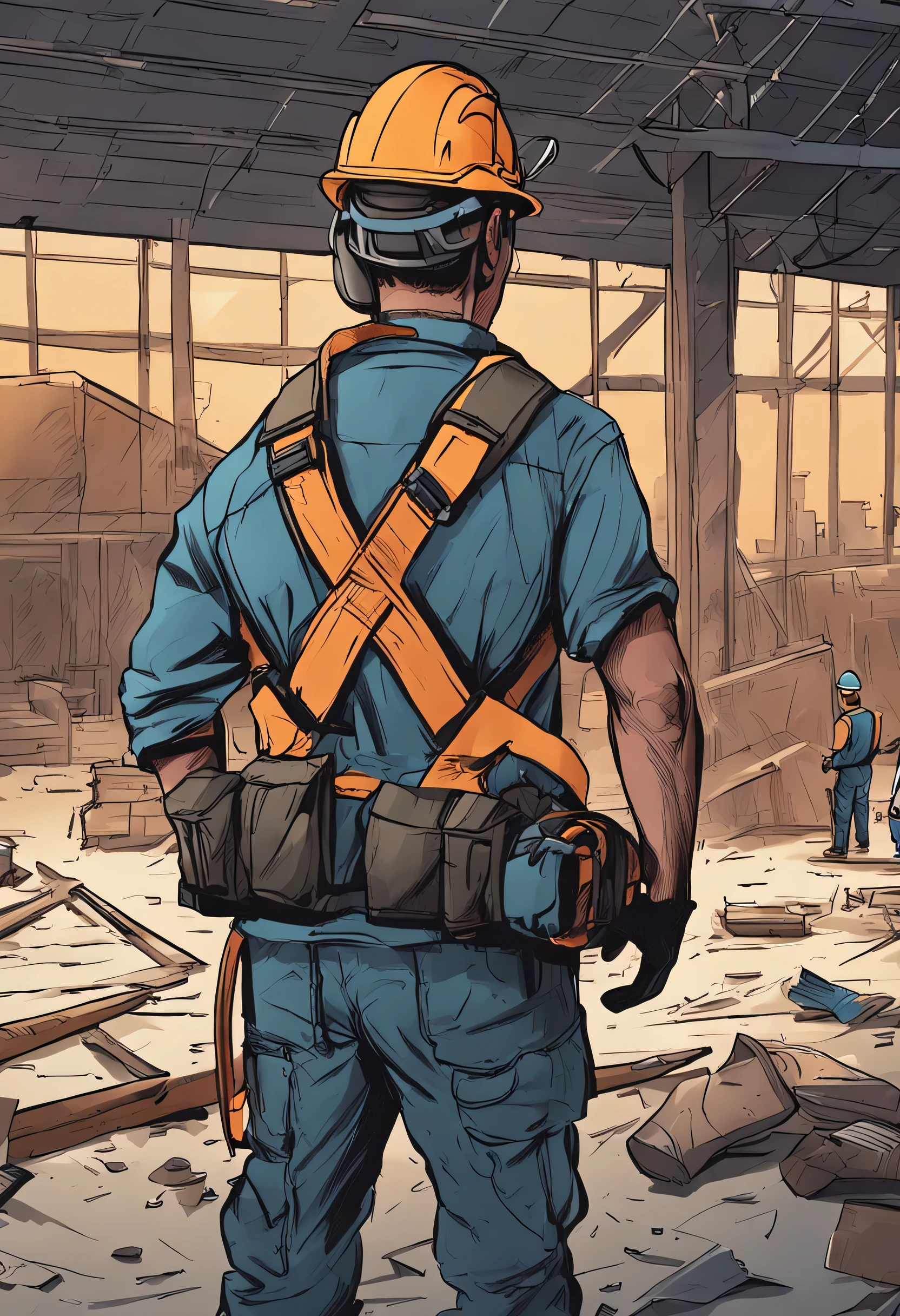 jpn、Construction workers、helmets、Full harness、perspiring、homework、