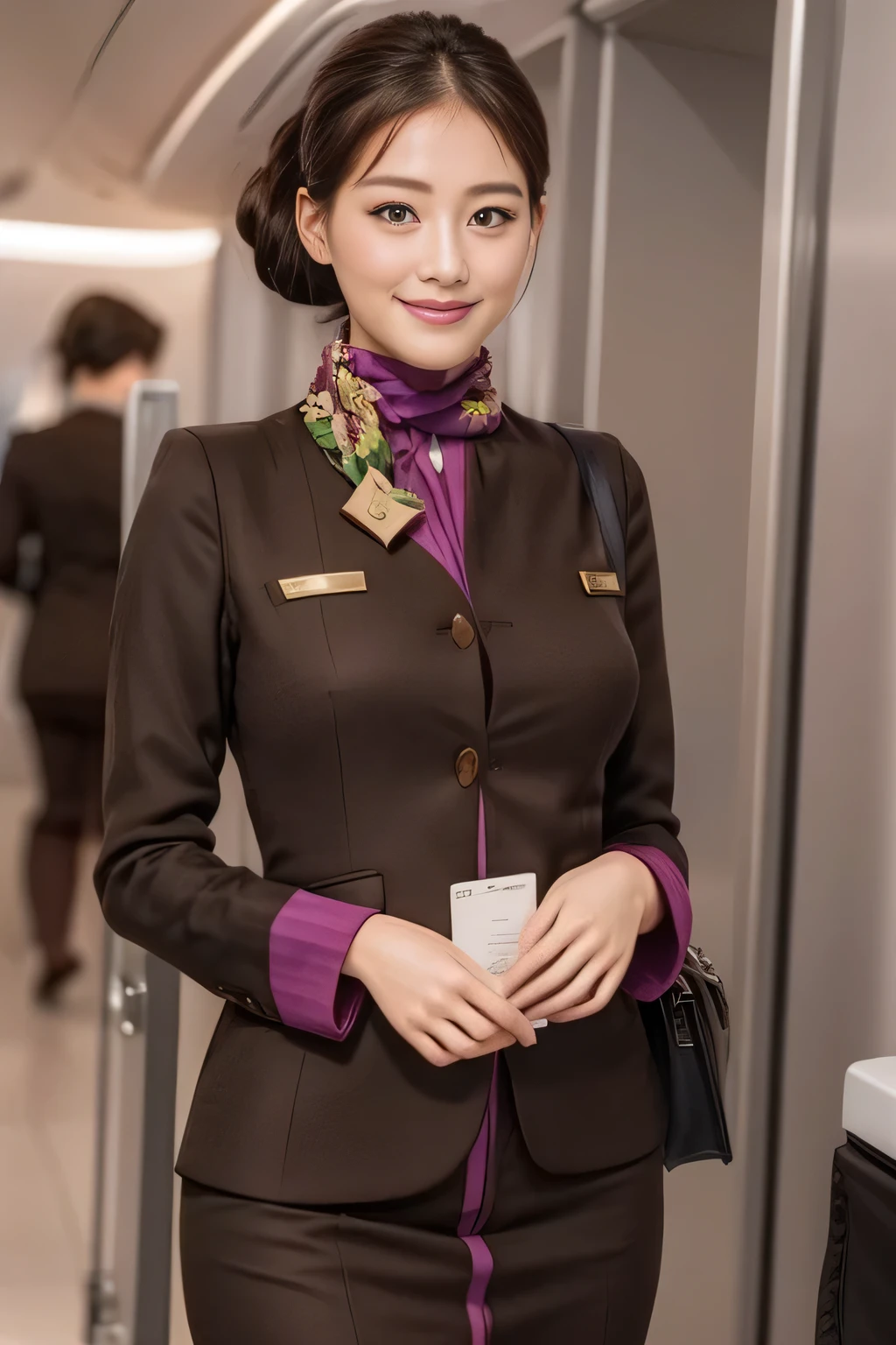 (masterpiece:1.2、highest quality:1.2)、32K HDR、High resolution、(alone、1 girl、Slim figure)、(A realistic reproduction of the ETIHAD Airways Cabincrew Uniform)、 (On board, Professional Lighting)、A proper woman, Beautiful Face,、(Long sleeve ETIHAD Airways Cabincrew Uniform)、(ETIHAD Airways Cabincrew Uniform skirt with purple stripe on the front)、(scarf on chest)、Big Breasts、(Long Hair Up、Hair Bun)、Dark brown hair、Long Shot、((Great hands:2.0))、((Harmonious body proportions:1.5))、((Normal limbs:2.0))、((Normal finger:2.0))、((Delicate eyes:2.0))、((Normal eyes:2.0)))、Beautiful standing posture、smile、Hands folded underneath