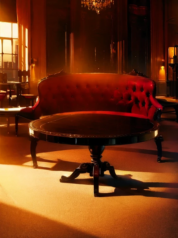 Western-style sofa、John Lobb、Premium boots、Western-style building、A spotlight is shining on a pair of shoes on a Western-style round table.、Brown color shoes、City 2