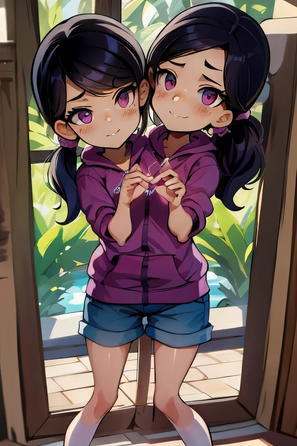 conjoined, 2heads, girl with two heads instead of one, 2head, cuerpo curvilineo, brazos curvilineos, usando shorts, ropa abrigada, piernas curvilineas, anime cartoon, using a purple hoodie, each head has a ponytail, anatomia proporcionada, torso ancho, pechos medianos, hands making the heart sign, sonriendo, sonrojadas, 2heads