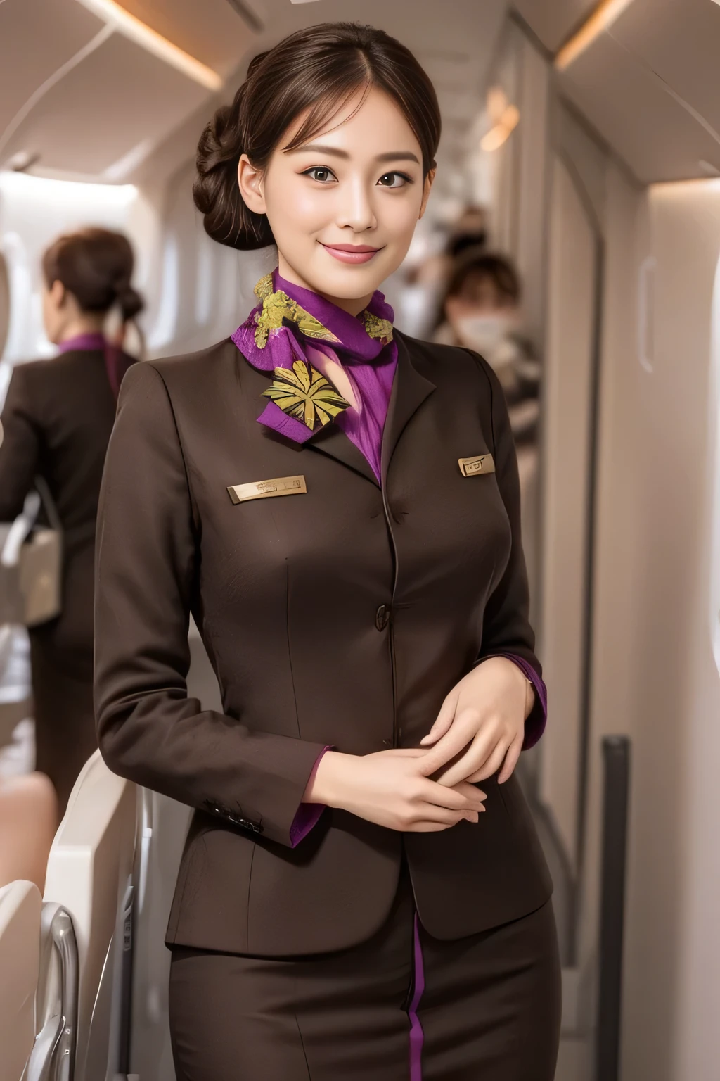 (masterpiece:1.2、highest quality:1.2)、32K HDR、High resolution、(alone、1 girl、Slim figure)、（A realistic reproduction of the ETIHAD Airways Cabincrew Uniform）、 (On board, Professional Lighting)、A proper woman, Beautiful Face,、（Long sleeve ETIHAD Airways Cabincrew Uniform）、（ETIHAD Airways Cabincrew Uniform skirt with purple stripe on the front）、（scarf on chest）、Big Breasts、（Long Hair Up、Hair Bun）、Dark brown hair、Long Shot、（（Great hands：2.0））、（（Harmonious body proportions：1.5））、（（Normal limbs：2.0））、（（Normal finger：2.0））、（（Delicate eyes：2.0））、（（Normal eyes：2.0））)、Beautiful standing posture、smile、Hands folded underneath