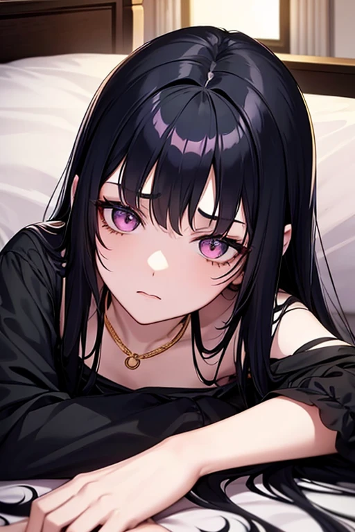 Coraline, a young girl of 19 years old, black long hair, hazel eyes, pale skin, weak body, wears a light navy blue dress, has a gold necklace, is lying on a large bed in a luxurious room,sad expression,soft pink lips