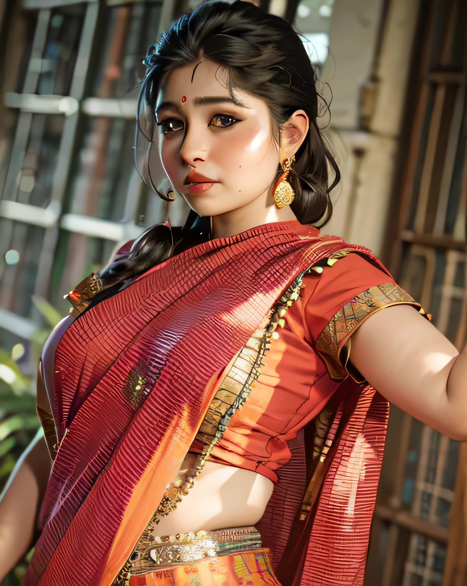 nude chest, blouse half opened blouse, naked chest, desi girl, nipple, sexy wife woman wearing colorful saree (realistic), 20 years old, looking down, (chubby cheeks:1.1), (curvy body:1.2),