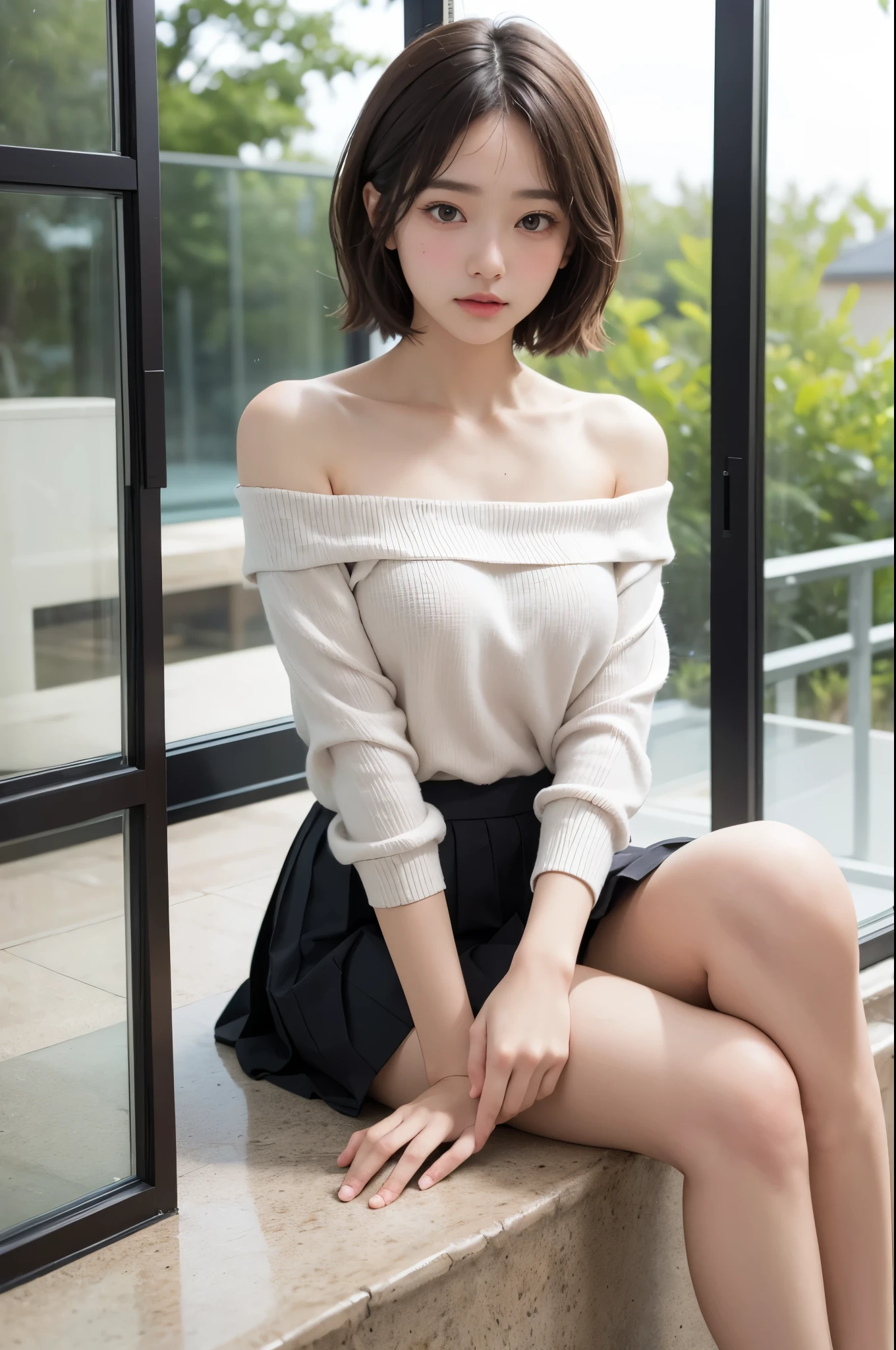 (High resolution、8k:1.3)、masterpiece、(Ultra-realistic as a photo:1.3)、Very nice finish、Sharp focus, 超High resolutionの顔、highest quality、The face is in focus、Ultra high definition and beautiful eyes、Eyes are symmetrical、High quality and beautiful skin、Firm Skin、Japanese Girls, Slender、very cute、17 years old、(Off the shoulder、Pleated skirt、Umini skirt), Sitting、Natural Makeup, (blush:1.3), (Embarrassing:1.3)、(View your viewers:1.3),short hair, messy hair