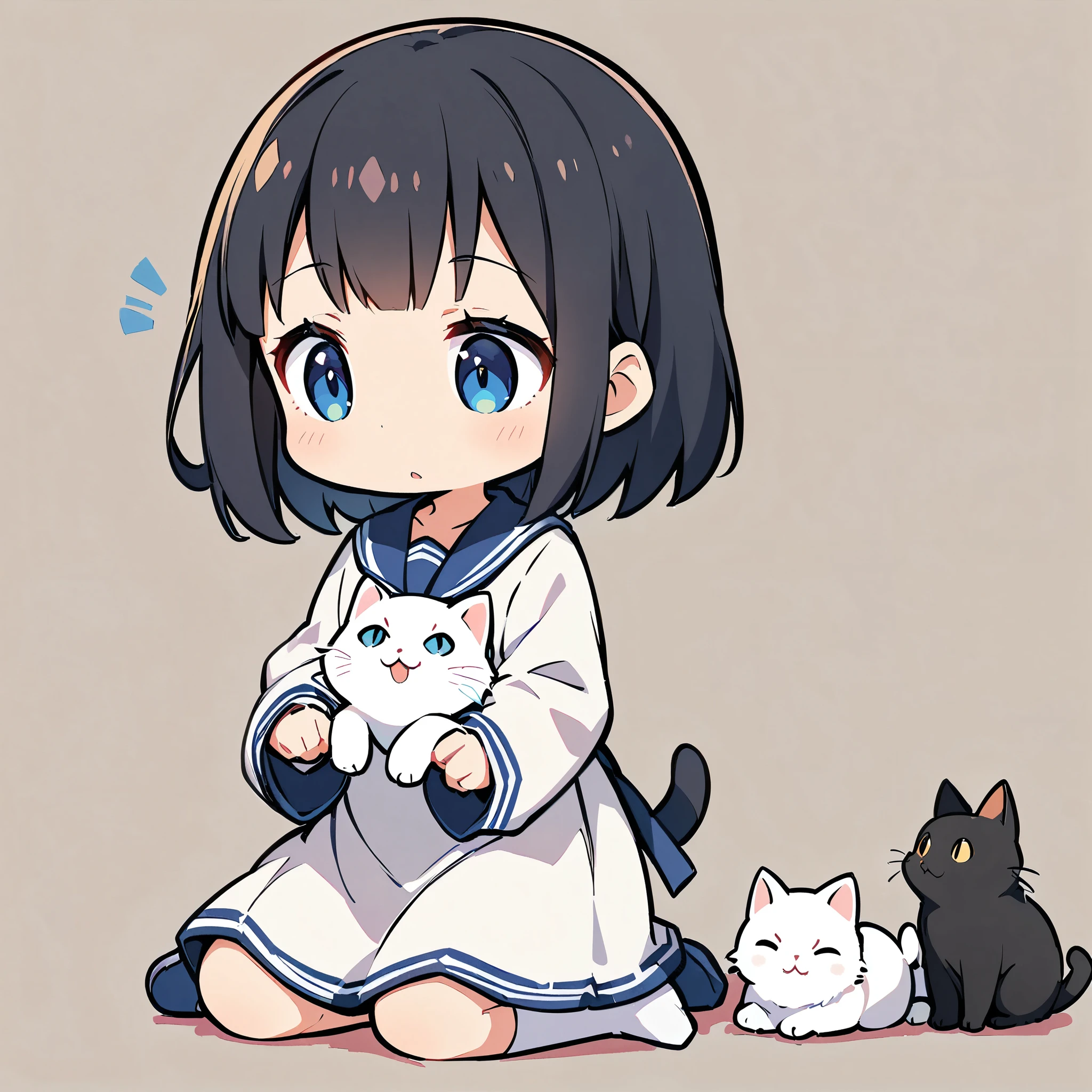 A girl and a cute cat, Cat and girl, Deformation, White cat, Black Hair Girl, Solid color background,