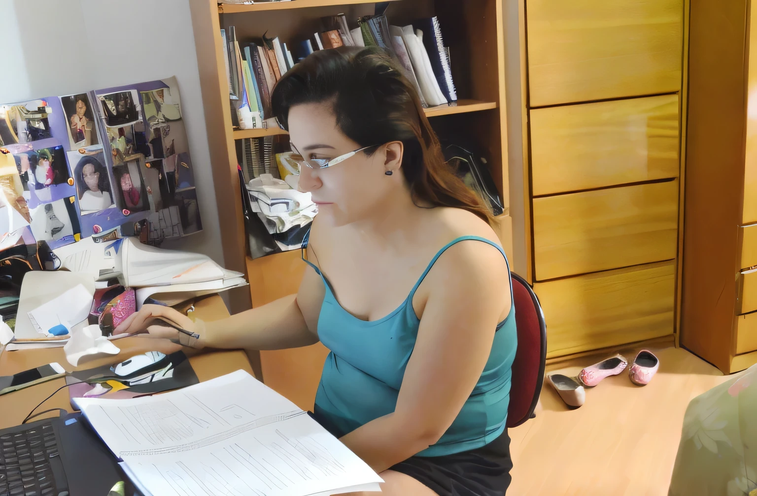 In the image, a beautiful Brazilian woman with white skin, short dark brown hair, a woman sitting at a table, wearing glasses and a blue tank top, concentrated on her work on a laptop. She has dark hair and holds a pen in her hand. The desk is cluttered with papers and books, suggesting that she may be studying or working from home. She is wearing a blue-green tank top and glasses, suggesting that she may be working or studying. The table is littered with various items, including books, papers, and what appears to be a pair of shoes. Behind her, a bookshelf filled with more books adds to the intellectual atmosphere of the scene, indicating that this may be a home office or study area, in close-up. She is wearing a tight blue tank top, an extremely provocative and sexy woman (((full body photo)))). Fitness woman, perfect arms, perfect body. She is around 40 years old, 162 cm tall and weighs 56 kg. Her body exudes glamor and her face is a definition of beauty. Slender body, thin waist. Highly realistic, hyperrealism, very elaborate skin, high quality photo. Sharp Photo, High Resolution, High Quality, Masterpiece, 16K Photo, Sharp Photo, High Contrast, Masterpiece, (Photographically Realistic), NUDE, NUDITY, NFSW.