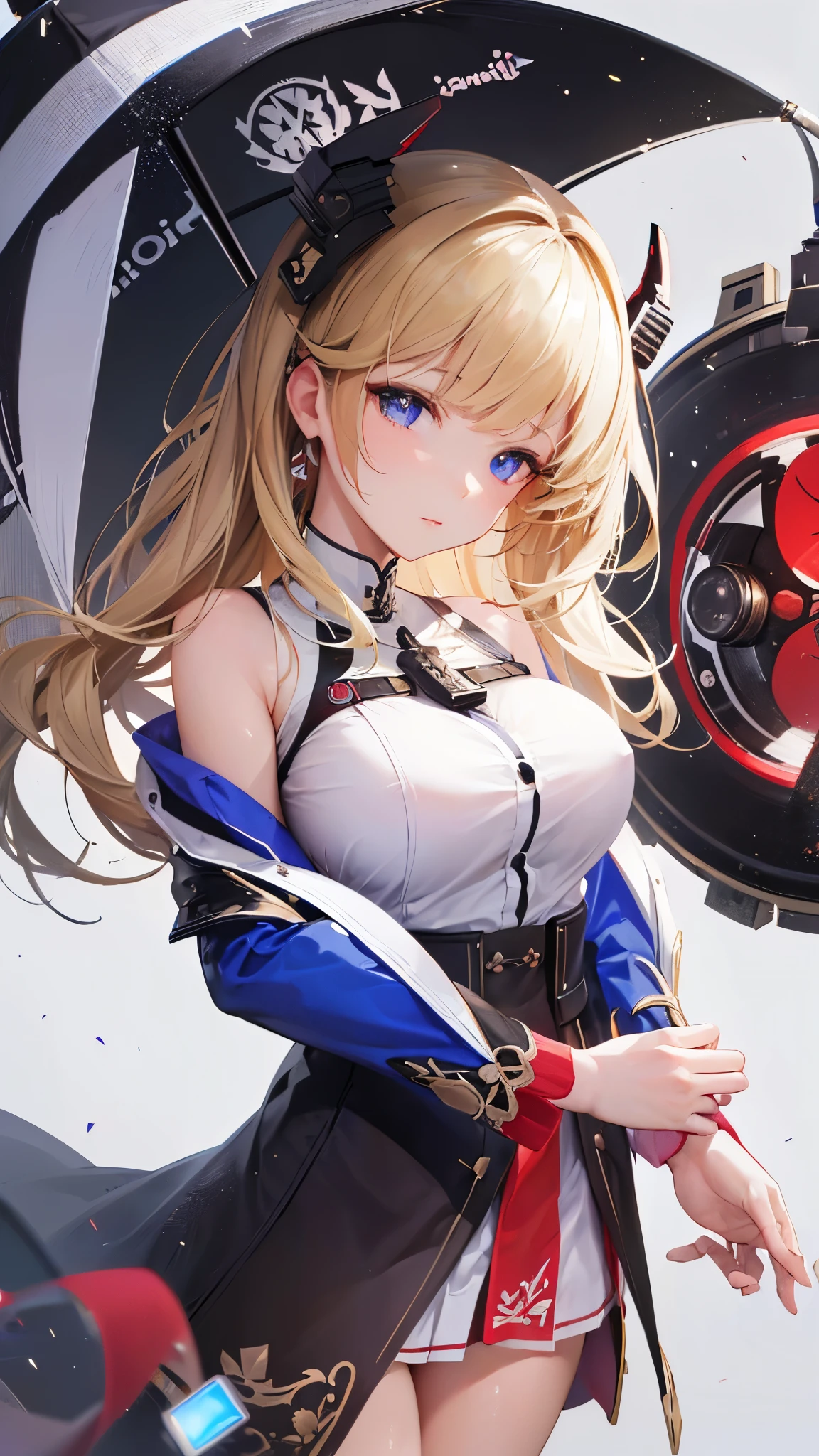 best quality, masterpiece, highres, solo, {fal_girlsfrontline:1.15}, long_hair, blue_eyes, side_ponytail, breasts, bangs, ribbon, bow, ahoge, blush, large_breasts, cleavage, collarbone, blonde_hair, hair_ribbon, blue_bow, very_long_hair, brown_hair, hair_bow, hair_between_eyes, 1girl, animal, black_jacket, choker, closed_mouth, dress, ferret, jacket, looking_at_viewer, open_jacket, white_dress, long_sleeves, off_shoulder, one_eye_closed, simple_background, smile, white_background, open_clothes, bag, cowboy_shot, shiny_hair, short_dress, upper_body