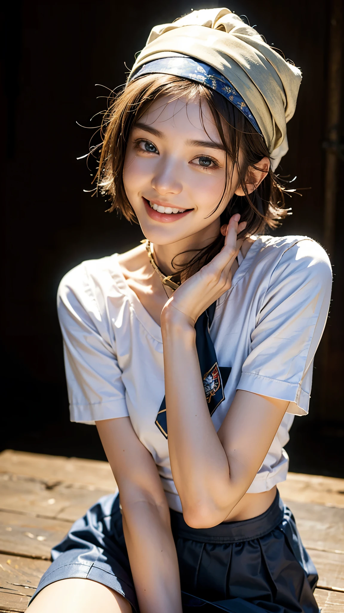 highest quality, masterpiece, Ultra-high resolution,8k, (Realistic:1.6), (Facing portraits) RAW Photos, 1 girl,(Smiling widely, showing his teeth)), 22 years old,((Miniskirt Uniform)),((short hair)),((Wear a bandana on your head)),((Looking up at the audience)),Face Focus:1.4,((Simple solid color background)), Image Media Chest)),((Smiling with teeth showing)),