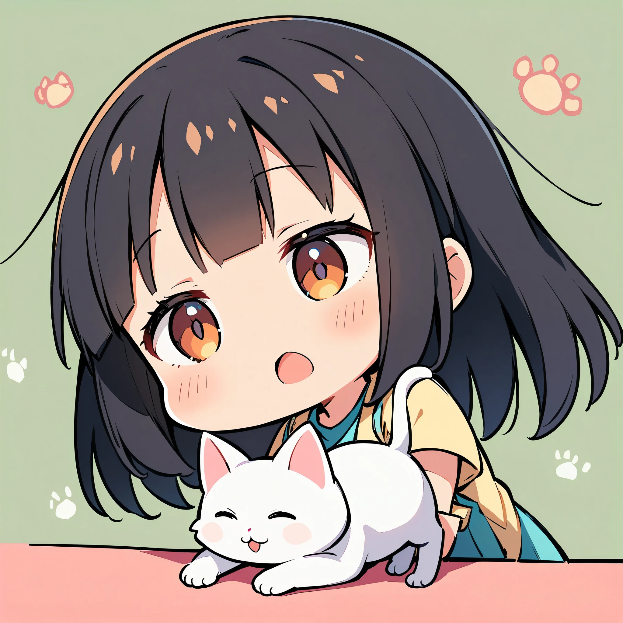 A girl and a cute cat, Cat and girl, Deformation, White cat, Black Hair Girl, Solid color background, 