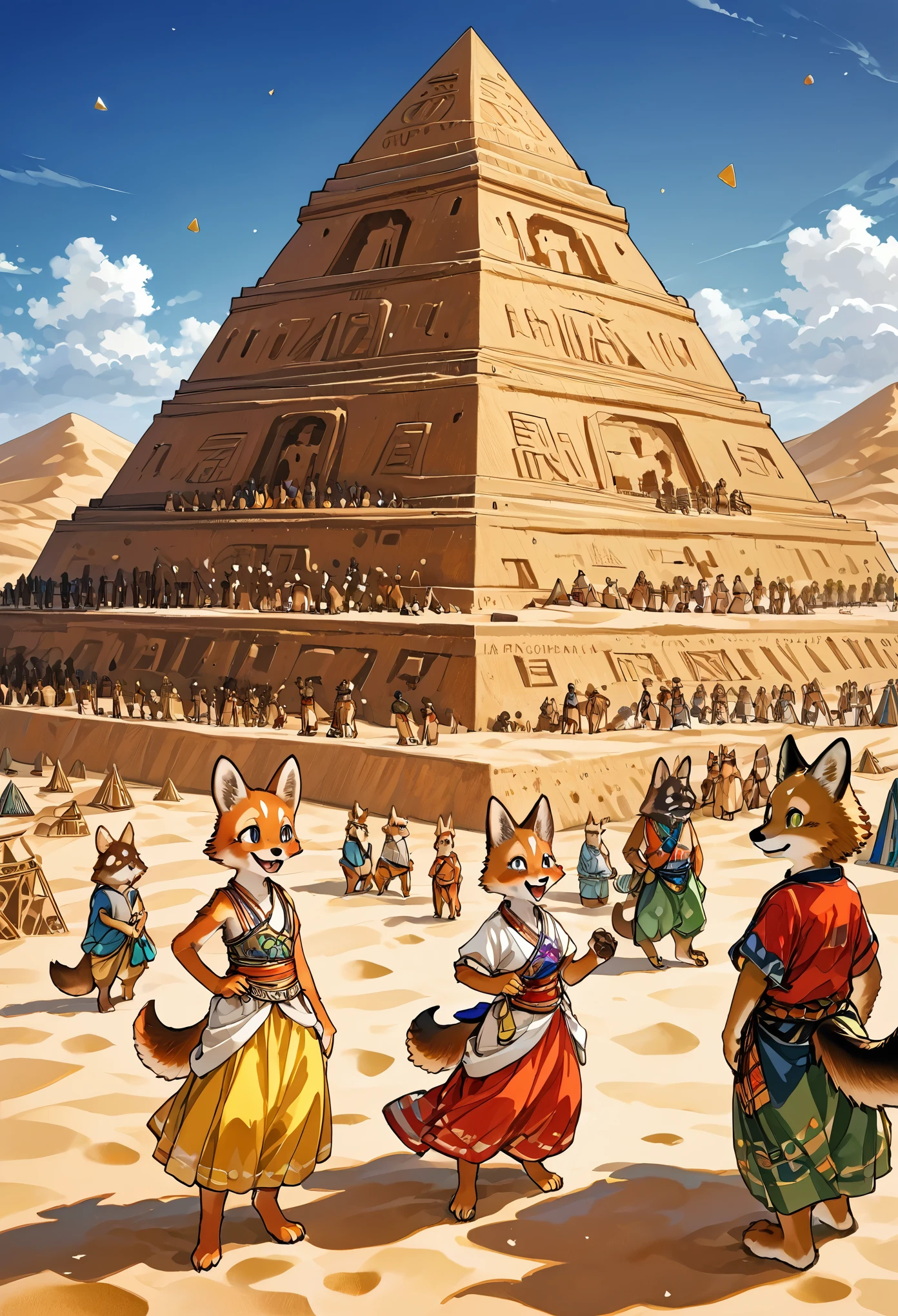 top quality, best quality, High-quality illustrations, masterpiece, super high resolution, detailed background, detailed background, desert, sand dunes, pyramid, Traditional costumes, boys, girls, Happy, joyful, absurdres(highly detailed beautiful face and eyes)perfect anatomy(kemono, furry anthro),