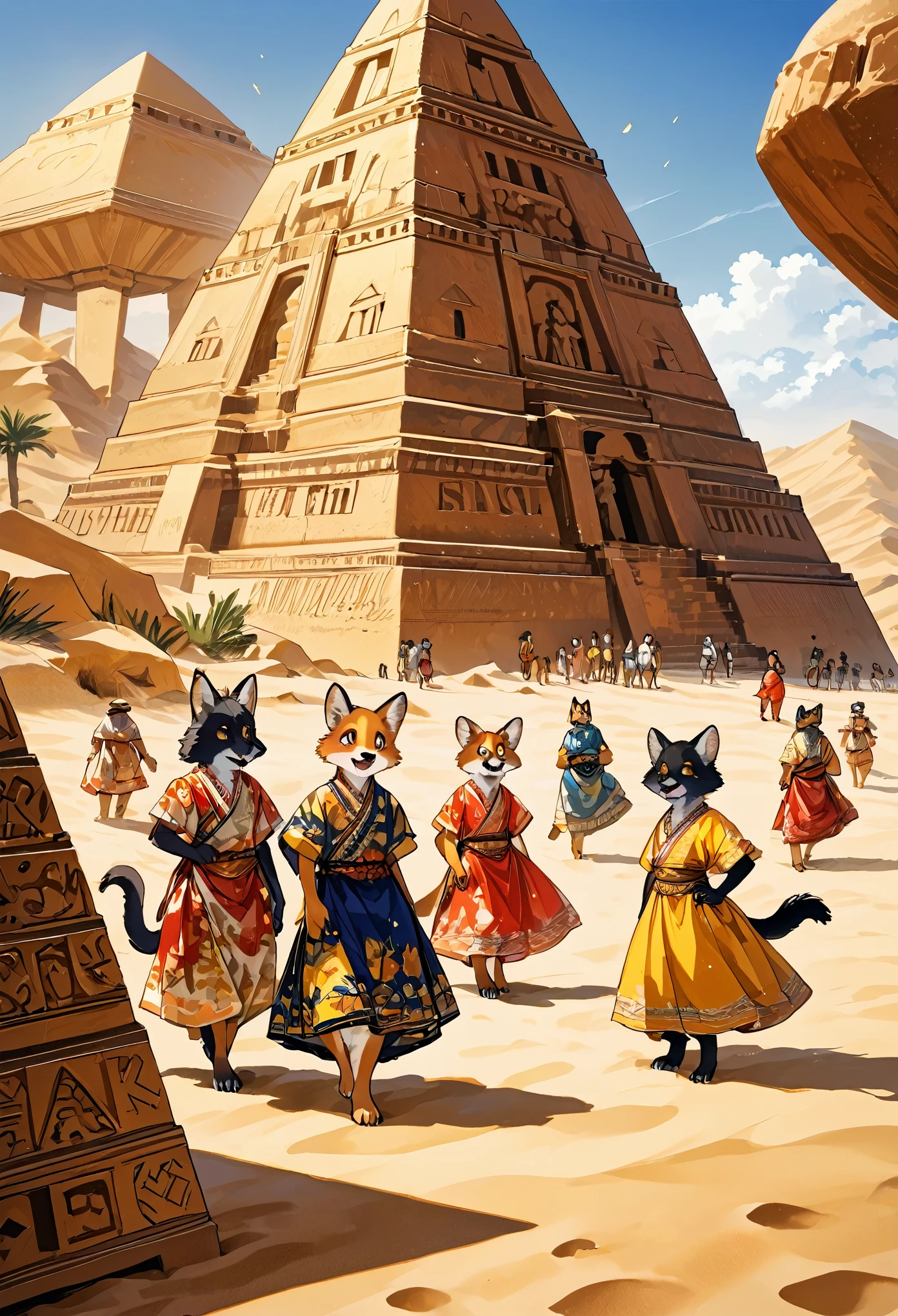 top quality, best quality, High-quality illustrations, masterpiece, super high resolution, detailed background, detailed background, desert, sand dunes, pyramid, Traditional costumes, boys, girls, Happy, joyful, absurdres(highly detailed beautiful face and eyes)perfect anatomy(kemono, furry anthro),