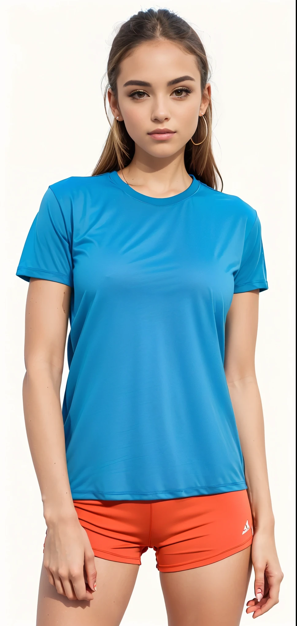 a woman in a camisa azul and red shorts posing for a picture, camiseta azul apertada, camisa azul, Manga curta, wearing a Camiseta, wearing a light camisa azul, roupas azuis, roupas esportivas, roupas azuis, Camiseta, camiseta, cor azul neon, em camiseta, vestindo uma camiseta muscular, dark camisa azul, fotografia de roupas, roupas esportivas