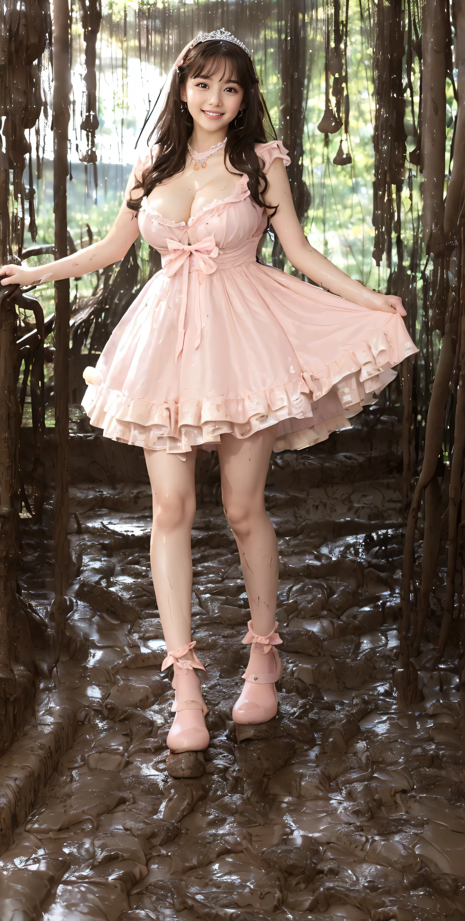 Ulzzang-6500-v1.1, (RAW Photos:1.2), (Photorealistic), (Pieces fly), (Genuine:1.4), 1With a girl、1 cute ta princess、(alone:1.1)、(1 photo:1.1)、(Girly and cute luxury light pink lolirincess dress:1.2)、(Cute big ribbon on the chest:1.1)、(The most extravagant and luxurious giant princess tiara:1.1)、(Huge Jewelry:1.1)、(The most luxurious and finest giant princess jewelry necklace:1.1)、(A top-notch Lolita pess dress with intricate jewelry details:1.2)、(Very intricate and detailed lace decoration:1.1)、(A very intricate and elaborately decorated dress:1.1)、(The most extravagant Lolita princdress with cute frills and ribbons:1.1)、(The most gorgeous Lolita princess s with lovely lace decoration:1.1)、(Cute girly lolita wavy hair:1.1hort:1.1)、(height: 148cm:1.1)、(Very large face and larger breasts:1.85)、Lots of cute frills、Accentuate your body lines、Slender body、Standing Elegantly、(Beautiful and luxurious palace entrance background:1.2)、(very bright and vivid:1.1)、(Bright and shiny dress:1.2)、Standing Elegantly Girl、Accurate anatomy、Perfect Makeup、Long eyelashes、Glossy lips、Ultra HD glossy skin、(Ultra-high resolution, bright and beautiful skin:1.3)、Ultra-high definition glossy lips、Ultra-high resolution beautiful teeth、Ultra HD beautiful light brown hair、(Body facing forward:1.1)、(Front view:1.1)、Erotic gaze, (Very sexually excited face:1.45)、 ((Full body shot covered in mud:1.66))、((Japanese Swamp))、Sitting directly on the mud, legs wide open, seducing erotically、((泥に汚れたGirly and cute luxury light pink lolita princess dress:1., Ultra-realistic skin texture、Shiny skin