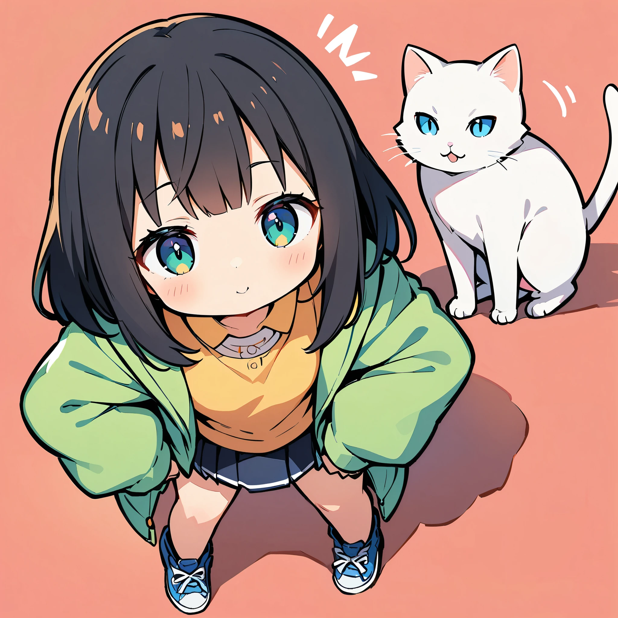 A girl and a cute cat, Cat and girl, Deformation, White cat, Black Hair Girl, Solid color background, 