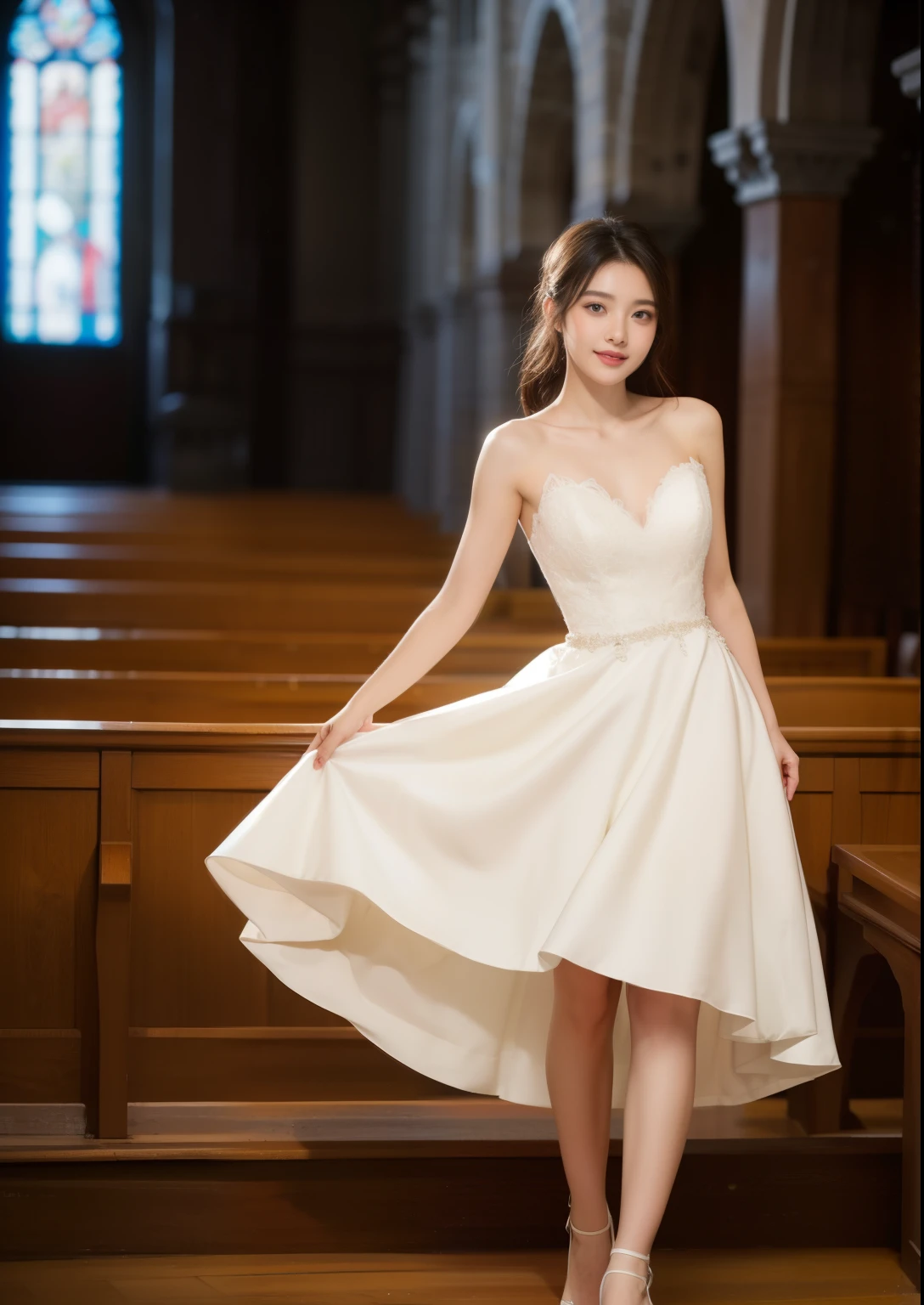 Beautiful 25 year old skinny woman。Her legs length are very very long and beautiful .She is wearing a wedding dress. She is dancing in the church and smiling on illuminated by the evening church lights on the romantic sunset time. her dark brown hair. High resolution、masterpiece、highest quality、頭w:1.0、((Hasselblad Photos))、fine skin、(movie lighting)、clavicle . full body picture.