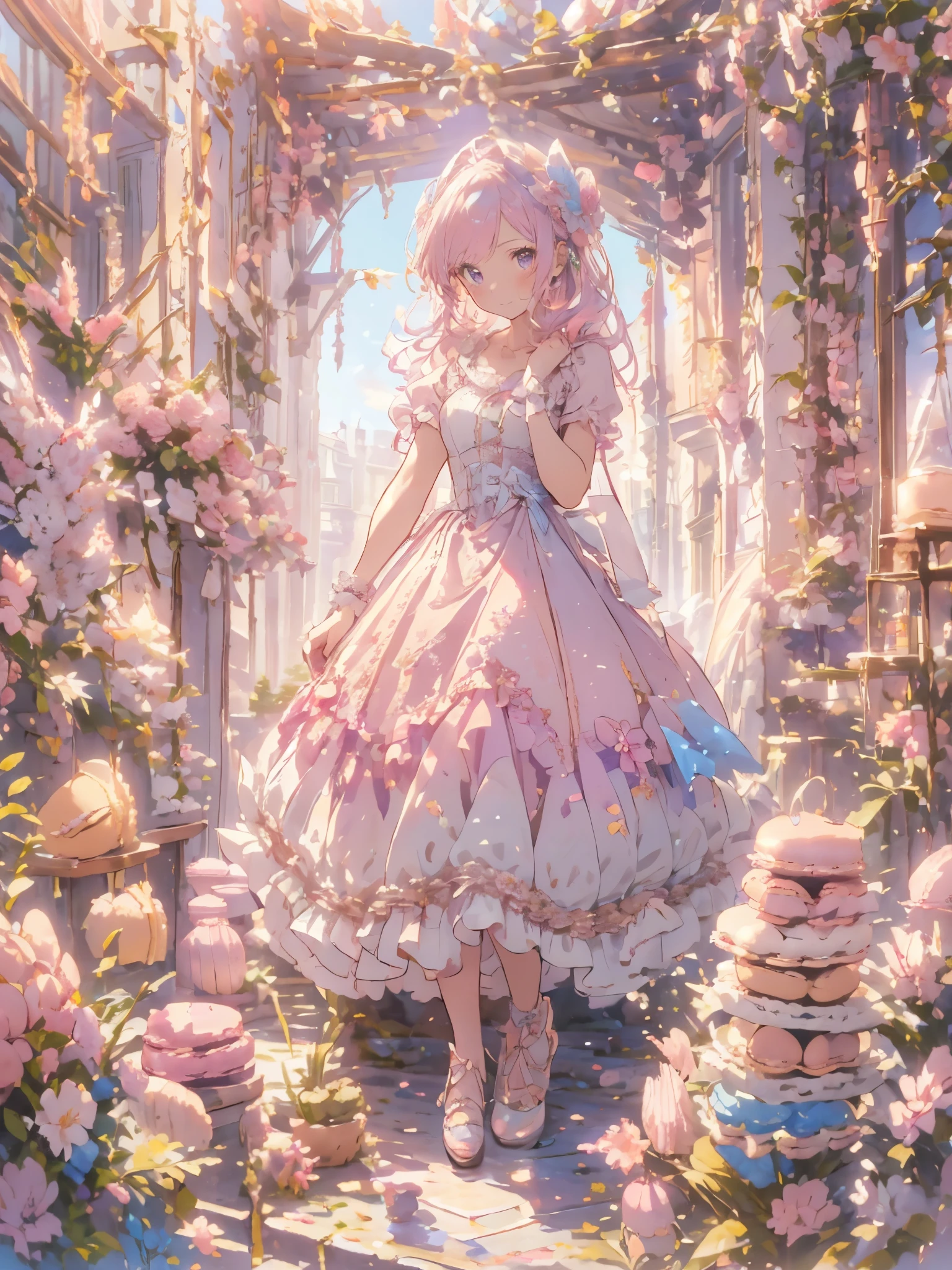 ((Exquisite, beautiful, Very detailed, masterpiece, High quality, Confused, High resolution, Full HD, 16k)),((巨大なpastel colourのマカロン))),(Lots of macarons),((Floating in the air)),Fairy Princess,(Happy), fun, (smile, Laughter), (pink ball gown dress:1.5,Macaron motif dress:1.5,Decorated with lace, Frills and jewels:1.1,),(Bob, Wavy Hair, Pink Hair),(Purple eyes, Big eyes, Fair skin), slim, Soft Edge, Soft lines, Saturated colors, Bright colors, pastel colour, Warm lighting, Soft lighting, Fantasy, Romantic atmosphere, Dreamy atmosphere,
