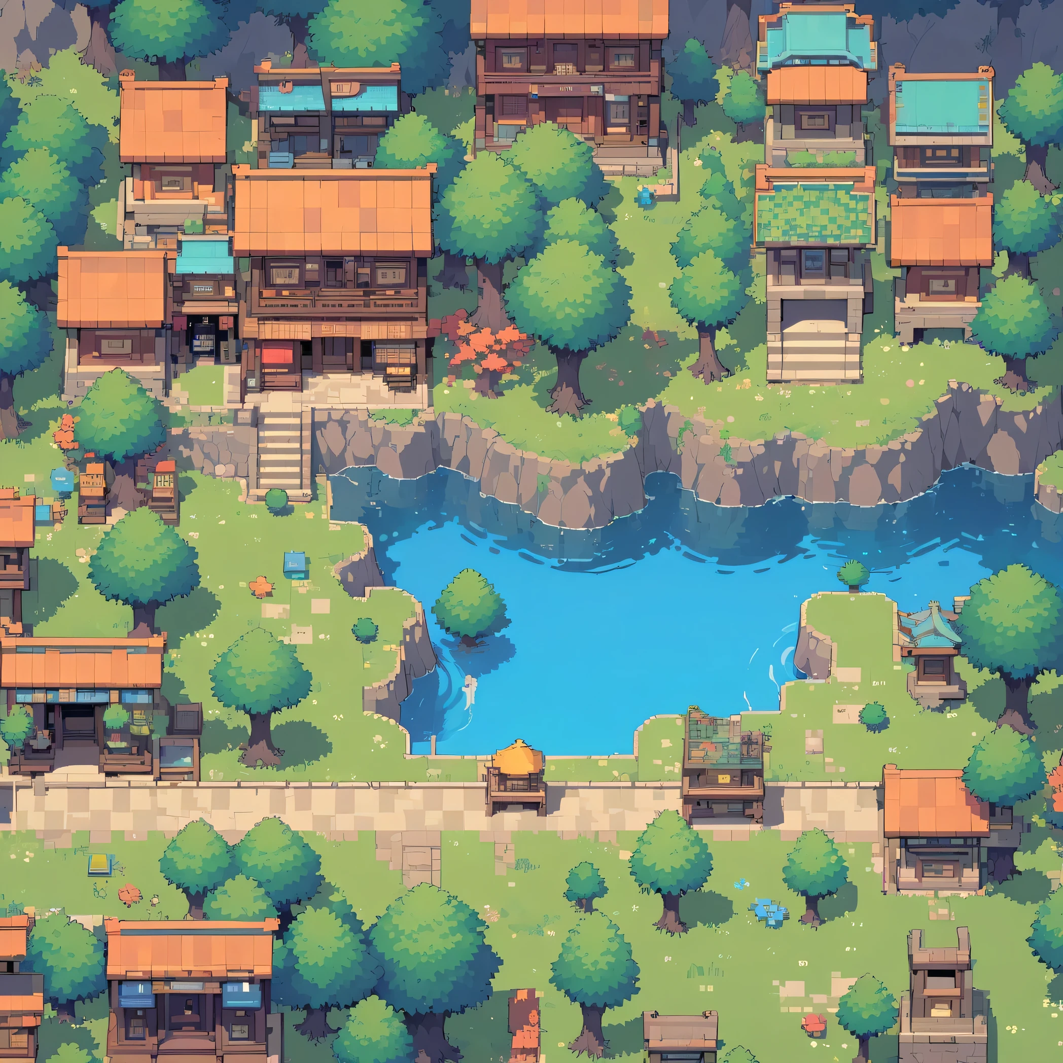 retro video game style,pixelated graphics,vibrant colors,8-bit characters,blocky shapes,sharp lines,detailed shading,classic gaming vibe,nostalgic atmosphere,classic arcade games,masterpiece:1.2,ultra-detailed,illustration style, grass, tress, detailed trees, detailed mountains, water, mountains, japan style houses, top down view