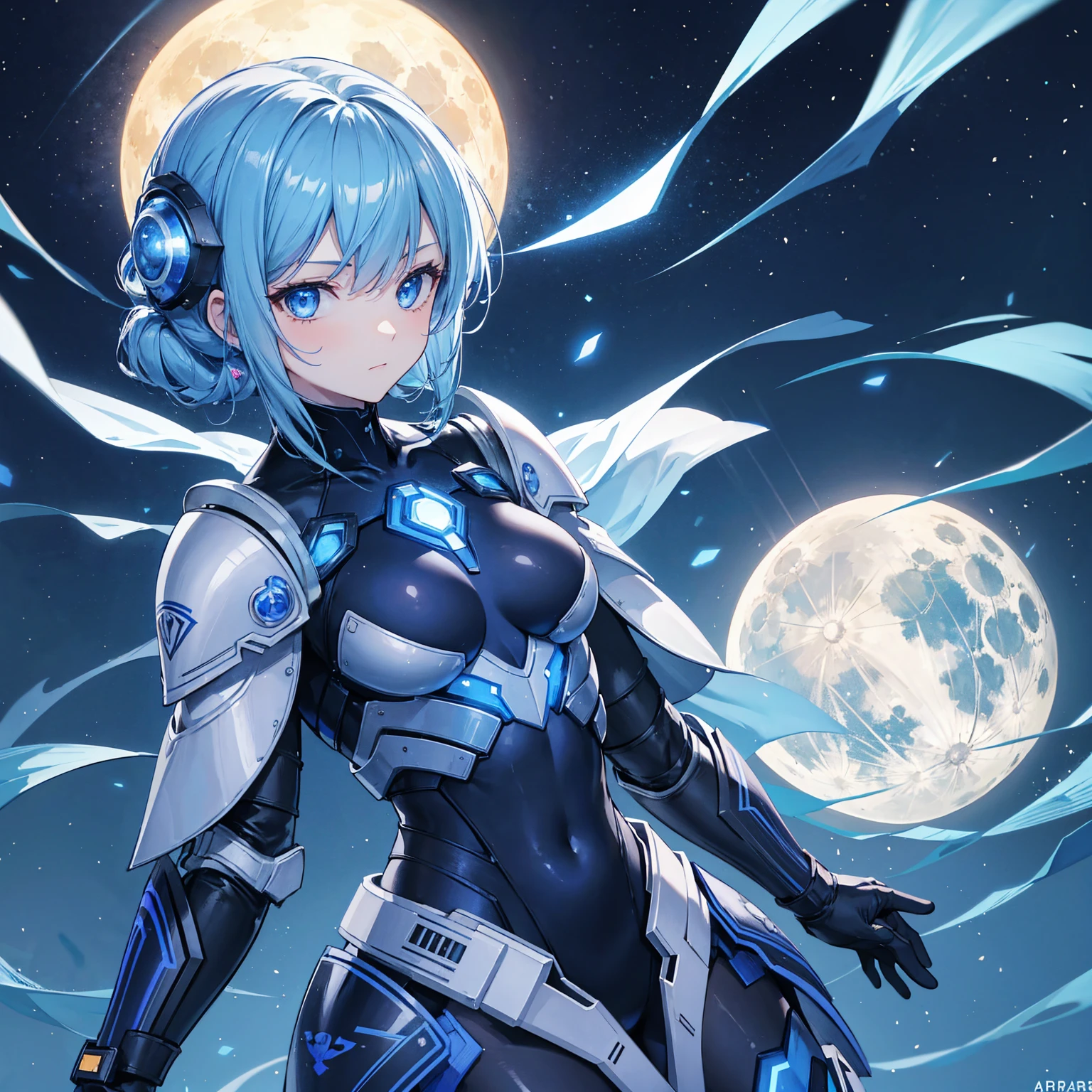 8k, highest quality, (real:1.4), Original photo, 1 girl, Asari Hair, Biological Amplifier, refined armor, posture: Peace talks between warring factions, smart blue eyes,Big moon in the background