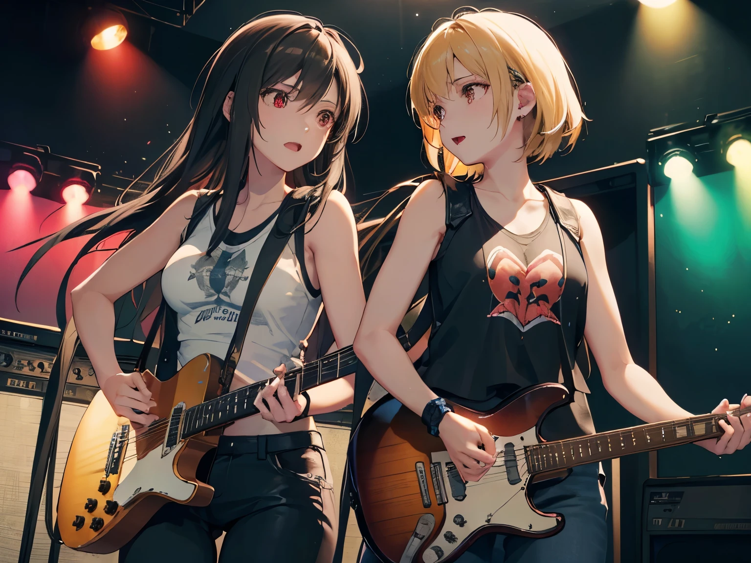 (detailed face), high details, high quality, best quality, masterpiece, Ultra-realism, Detailed and clear depiction, ((Two guitarists playing shoulder to shoulder at a live venue)), (two female guitarists), Electric guitar, rock band, colorful lights, enthusiasm, (Black hair, long hair, tank top, leather pants), (Blonde, short hair, frayed denim jacket, T-shirt)