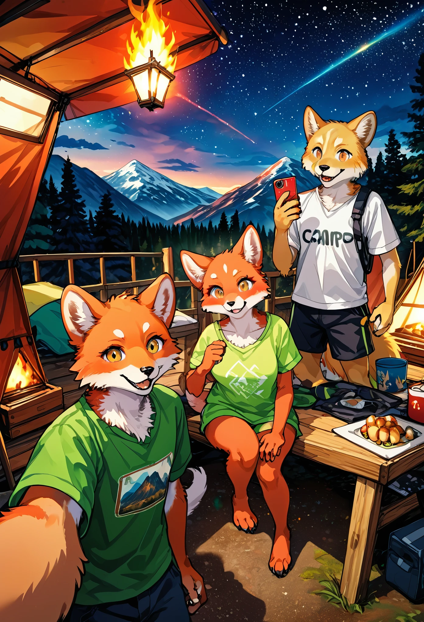 top quality, best quality, High-quality illustrations, masterpiece, super high resolution, detailed background, detailed background, Campsite in the mountains, group shot, 1boy, 1girl, camp-fire, night sky, absurdres, perfect anatomy(Photo of family trip)(kemono, furry anthro)selfie,