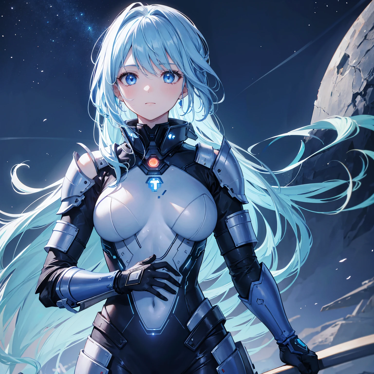 8k, highest quality, (real:1.4), Original photo, 1 girl, Asari Hair, Biological Amplifier, refined armor, posture: Peace talks between warring factions, smart blue eyes,Big moon in the background
