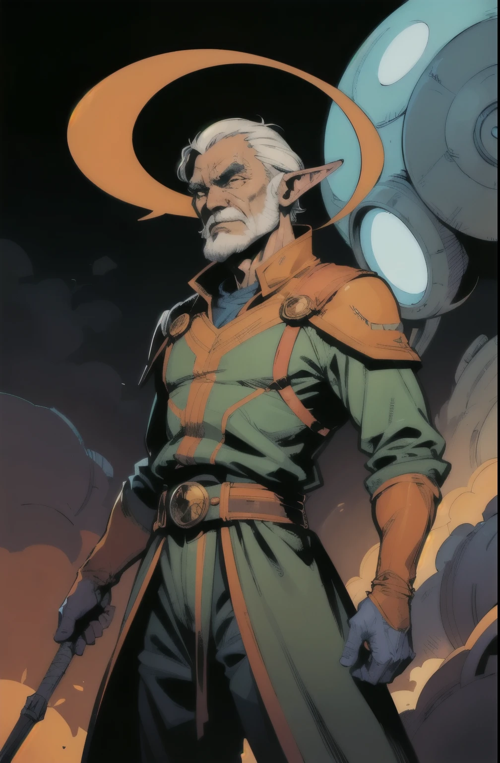 (comics style, flat colors, lineart:1.3), portrait, old, wrinkly, male elf wanderer with a staff and long clothes, alien planet, nostalgic, retrofuturism, yellow orange purple green, (atmosphere), coherent, continuity, epic