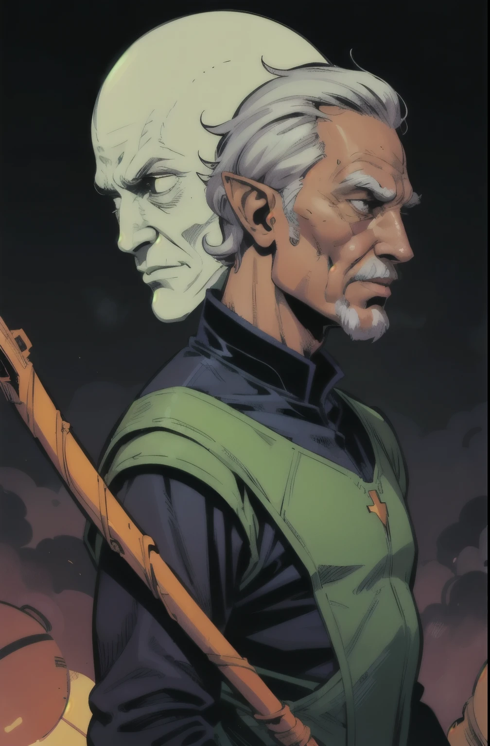 (comics style, flat colors, lineart:1.3), portrait, old, wrinkly, male elf wanderer with a staff and long clothes, alien planet, nostalgic, retrofuturism, yellow orange purple green, (atmosphere), coherent, continuity, epic