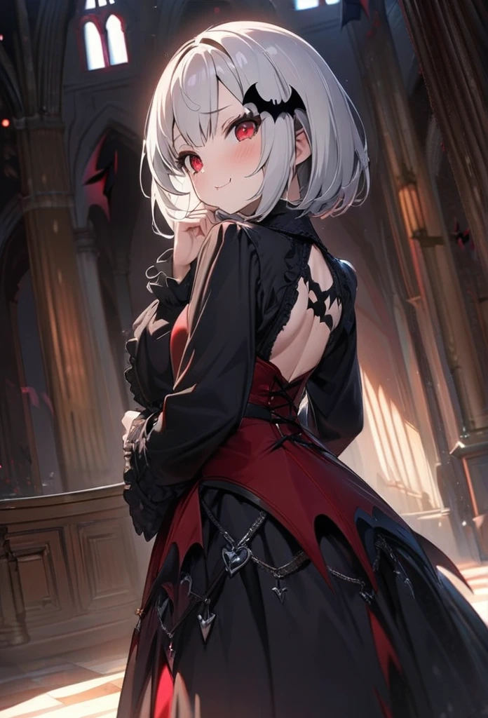 (masterpiece:1.3), (8K、best quality:1.3), (1 girl), (solo), (cute, little:1.3), (very cute face:1.3), (Beautiful face with perfect symmetry), (perfect anatomy), (high detail skin), Rendering of anime girls, beautiful silver hair bob cut, intense red eyes, strong eye highlights, (gothic fashion), (Vampire Dracula), (gothic architecture), (Vampire girl standing in the center of the hall), (Bats are flying around the girl), bat-shaped accessories, look back, Have a love letter、I feel shy when I touch my cheek with my hand, I&#39;m happy but embarrassed, face turns red, upper body close-up, volume lighting, soft light, bright, neon, Bright color, Create digital artwork in pop art style