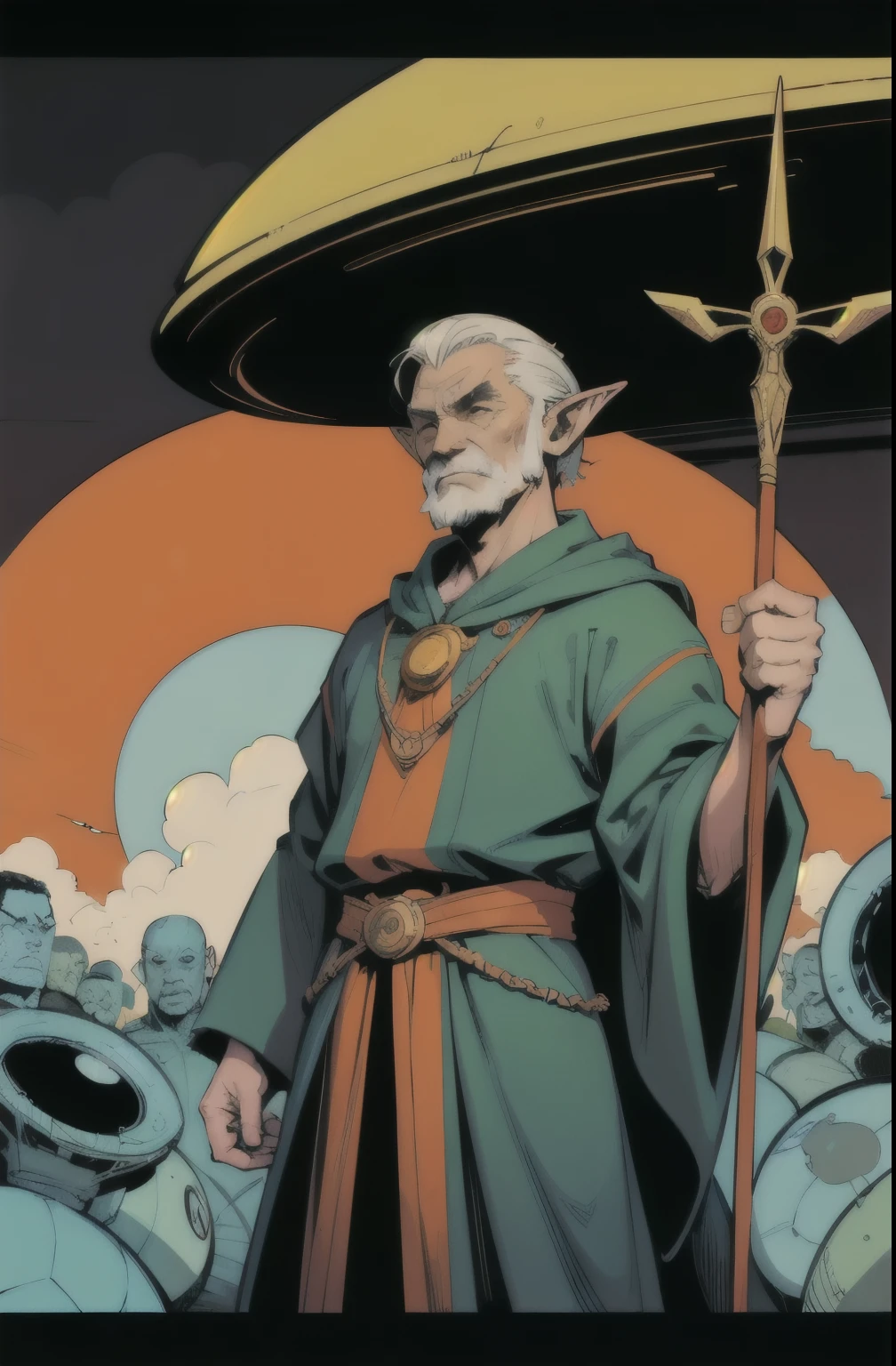 (comics style, flat colors, lineart:1.3), portrait, old, wrinkly, male elf wanderer with a staff and long clothes, alien planet, nostalgic, retrofuturism, yellow orange purple green, (atmosphere), coherent, continuity, epic