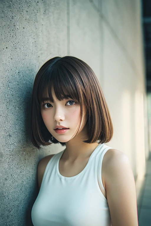 One girl, White top、Pure beauty, Brown short hair, bangs、Concrete walls and floors、Transcendental Silence、Depth of written boundary、Absurd、Hmph、Ultra-detailed illustrations、Highly detailed face、Raw photo、Film Grain、deviantart Trends