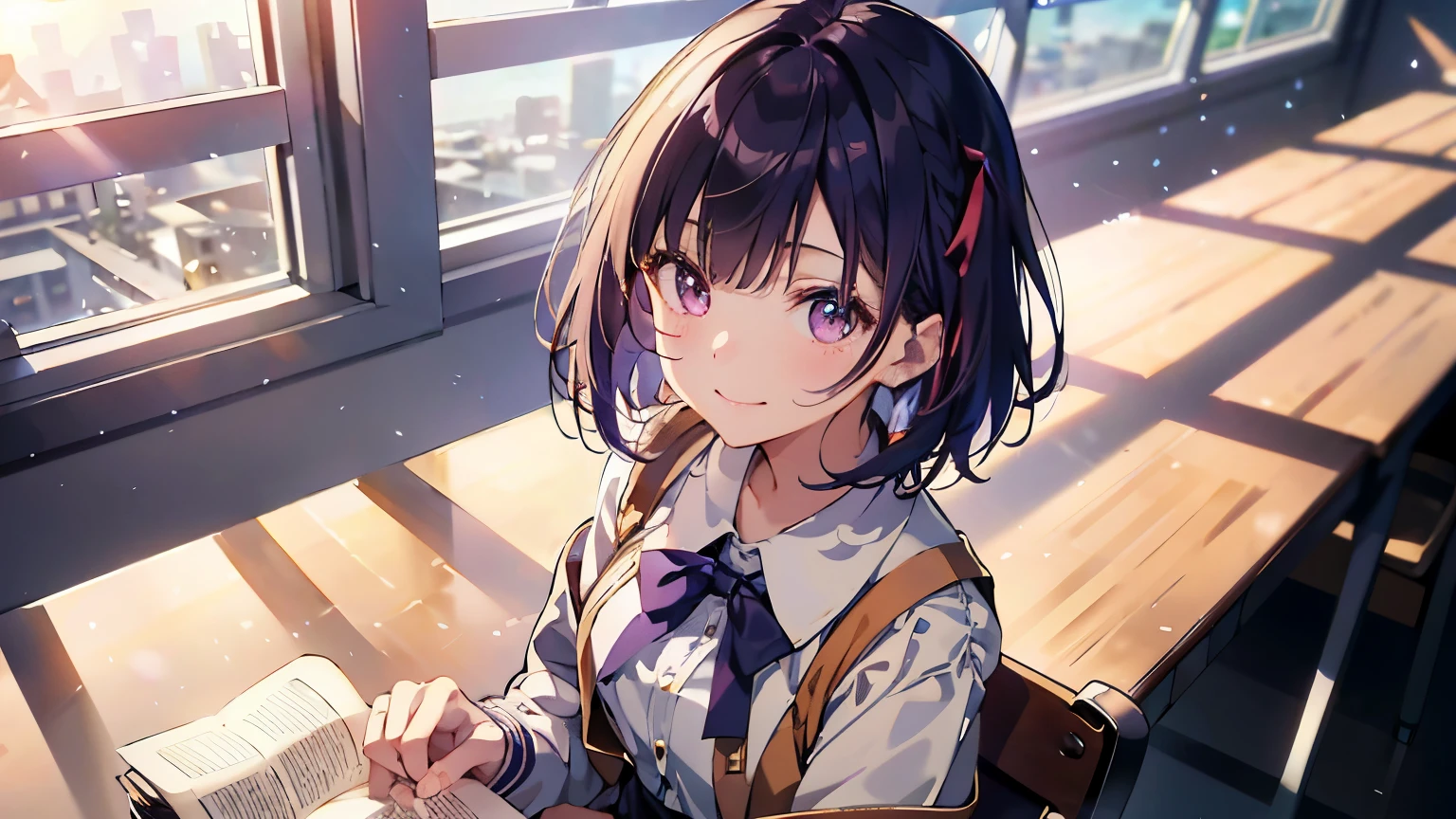 (Extremely detailed CG、Unity、8K wallpaper is very delicate and beautiful)、(masterpiece)、(highest quality:1.0)、(Ultra-high resolution:1.0)、Beautiful lighting、Perfect Lightning、Realistic Shadows、Fine skin、Very detailed、Detailed face and eyes、Realistic eyes、Sharp pupils、Cowboy Shot, In the classroom、School、sunset、Beautiful Face、Blurred Background、Beautiful 16 year old girl、Shiny skin、Bobcut、Dark purple hair、Blunt bangs、Purple eyes、(Learning to move forward、look up、From above、looks happy、looks happy:1.2)、Sailor suit、Pleated skirt、(Sit at a desk、Get down on one knee:1.3)、A kind smile、Sailor Saturn,Reading a book,I have a book,whole body