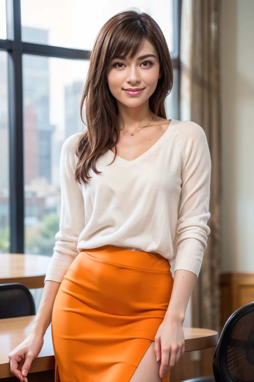 Realistic, Realistic, Tabletop, highest quality, RAW Photos, Face Focus, elegant, (One Woman), 28 years old, Large, loose V-neck see-through knit sweater, (Orange tight skirt), (Brown Hair), (bangs), (Straight hair), ((Sit sideways on a chair with your legs stretched out)), ((Twisting his upper body and facing this way)), (Looking into the camera), Beautiful Face, (Fearless Smile), (Shapely bust), Perfect Anatomy, Perfect balance, Detailed human body