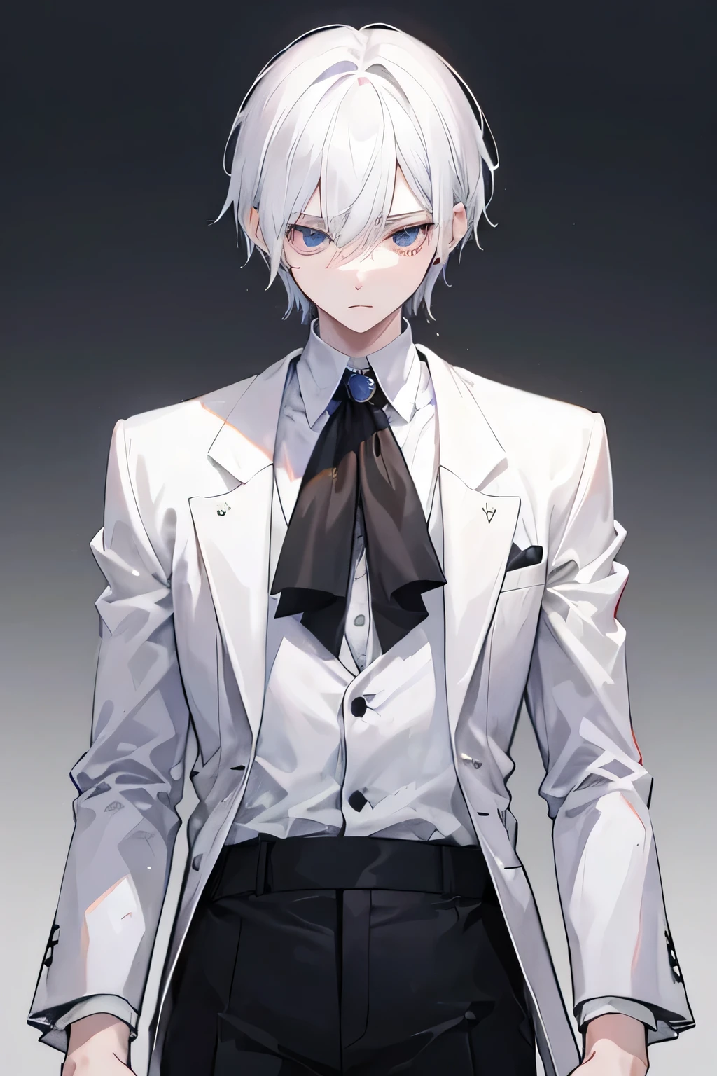 A young eighteen year old boy who has snow white hair and ink black eyes. Make sure his eyes are black. He is quiet skinny, having a delicate and thin frame that makes him look frail. For his hair, I want it to be really short, but also keep his entire forehead covered with bangs. He wears a white blazer and a white vest, with a black tie wrapped around his neck, reminiscent of nobility.