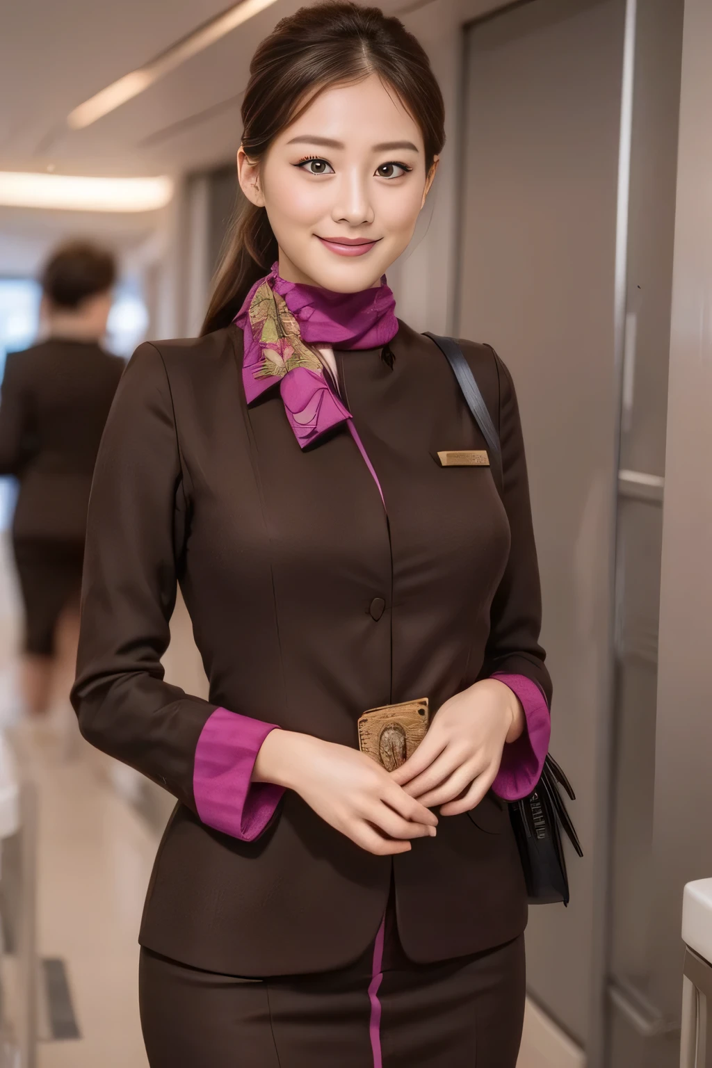 (masterpiece:1.2、highest quality:1.2)、32K HDR、High resolution、(alone、1 girl、Slim figure)、（A realistic reproduction of the ETIHAD Airways Cabincrew Uniform）、 (On board, Professional Lighting)、A proper woman, Beautiful Face,、（Long sleeve ETIHAD Airways Cabincrew Uniform）、（ETIHAD Airways Cabincrew Uniform skirt with purple stripe on the front）、（scarf on chest）、Big Breasts、（Long Hair Up、Hair Bun）、Dark brown hair、Long Shot、（（Great hands：2.0））、（（Harmonious body proportions：1.5））、（（Normal limbs：2.0））、（（Normal finger：2.0））、（（Delicate eyes：2.0））、（（Normal eyes：2.0））)、Beautiful standing posture、smile、Hands folded underneath