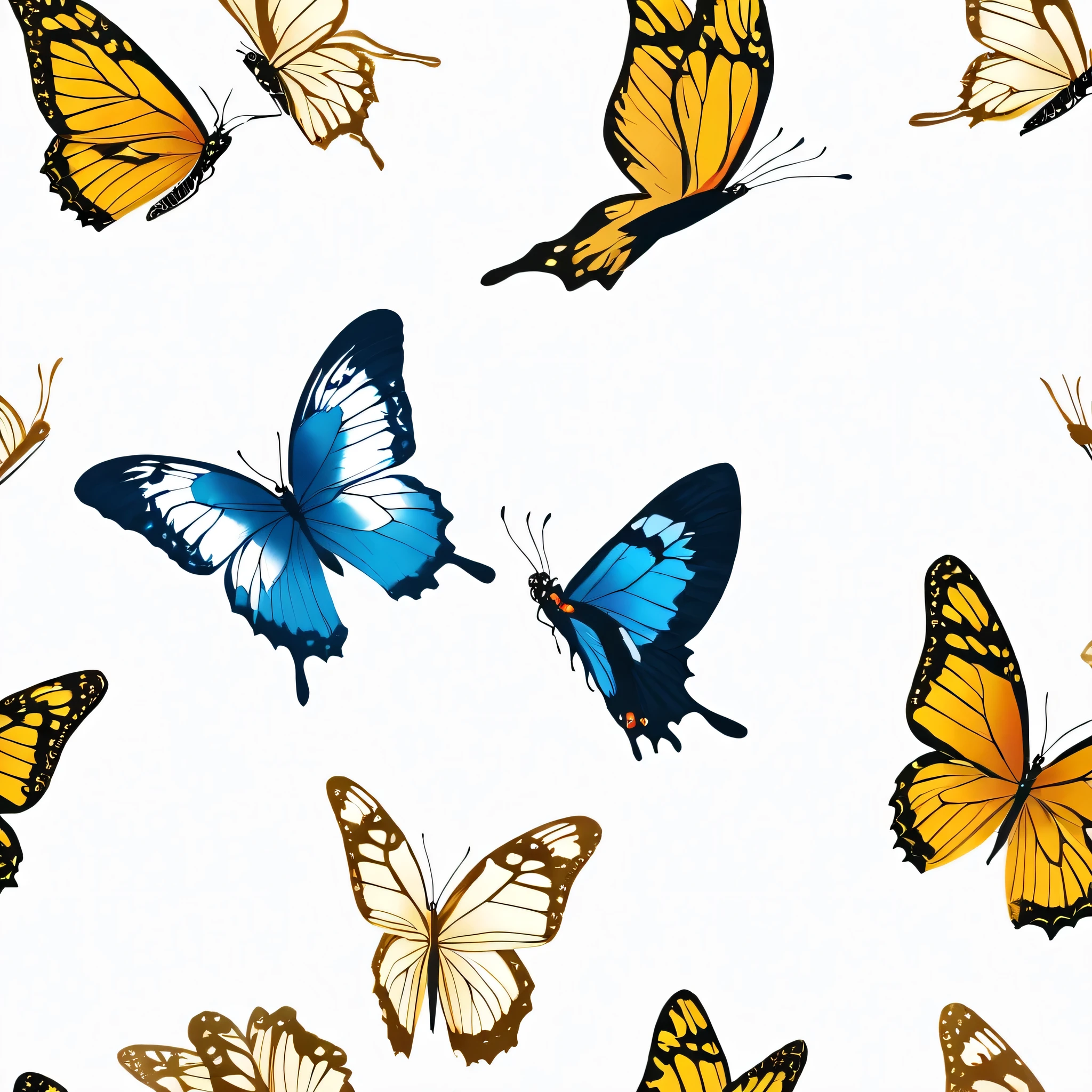 Two butterflies,blue,gold,Flying,White background