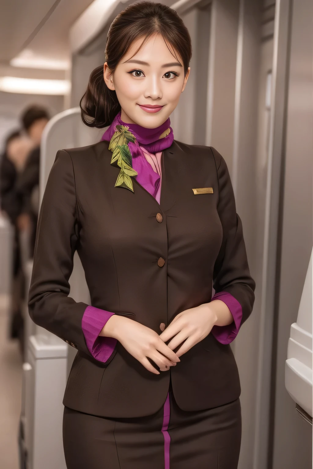 (masterpiece:1.2、highest quality:1.2)、32K HDR、High resolution、(alone、1 girl、Slim figure)、(A realistic reproduction of the ETIHAD Airways Cabincrew Uniform)、 (On board, Professional Lighting)、A proper woman, Beautiful Face,、(Long sleeve ETIHAD Airways Cabincrew Uniform)、(ETIHAD Airways Cabincrew Uniform skirt with purple stripe on the front)、(scarf on chest)、Big Breasts、(Long Hair Up、Hair Bun)、Dark brown hair、Long Shot、((Great hands:2.0))、((Harmonious body proportions:1.5))、((Normal limbs:2.0))、((Normal finger:2.0))、((Delicate eyes:2.0))、((Normal eyes:2.0)))、Beautiful standing posture、smile、Hands folded underneath