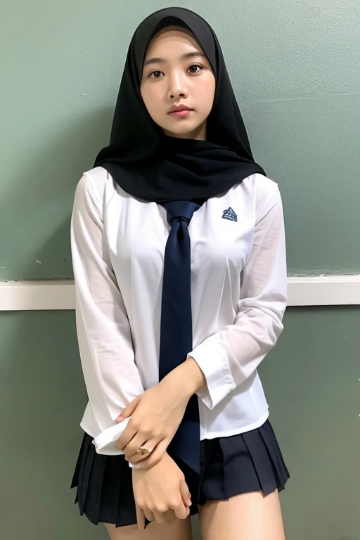 potret seorang gadis berhijab indonesia, memiliki badan gemuk, payudara menonjol, di halaman sekolah