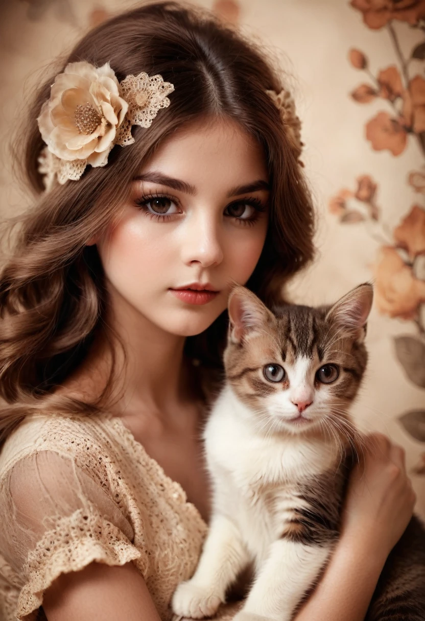 Girl with Cat, A girl with a cute kitten,sepia toned photography,beautiful detailed eyes,beautiful detailed lips,extremely detailed eyes and face,long eyelashes,vintage style,crochet flowers,1967,soft lighting,warm color palette,film grain effect,bokeh background,natural tones,nostalgic mood