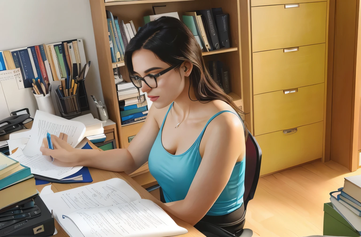 In the image, a beautiful Brazilian woman with white skin, short dark brown hair, a woman sitting at a table, wearing glasses and a blue tank top, concentrated on her work on a laptop. She has dark hair and holds a pen in her hand. The desk is cluttered with papers and books, suggesting that she may be studying or working from home. She is wearing a blue-green tank top and glasses, suggesting that she may be working or studying. The table is littered with various items, including books, papers, and what appears to be a pair of shoes. Behind her, a bookshelf filled with more books adds to the intellectual atmosphere of the scene, indicating that this may be a home office or study area, in close-up. She is wearing a tight blue tank top, an extremely provocative and sexy woman (((full body photo)))). Fitness woman, perfect arms, perfect body. She is around 40 years old, 162 cm tall and weighs 56 kg. Her body exudes glamor and her face is a definition of beauty. Slender body, thin waist. Highly realistic, hyperrealism, very elaborate skin, high quality photo. Sharp Photo, High Resolution, High Quality, Masterpiece, 16K Photo, Sharp Photo, High Contrast, Masterpiece, (Photographically Realistic), NUDE, NUDITY, NFSW.
