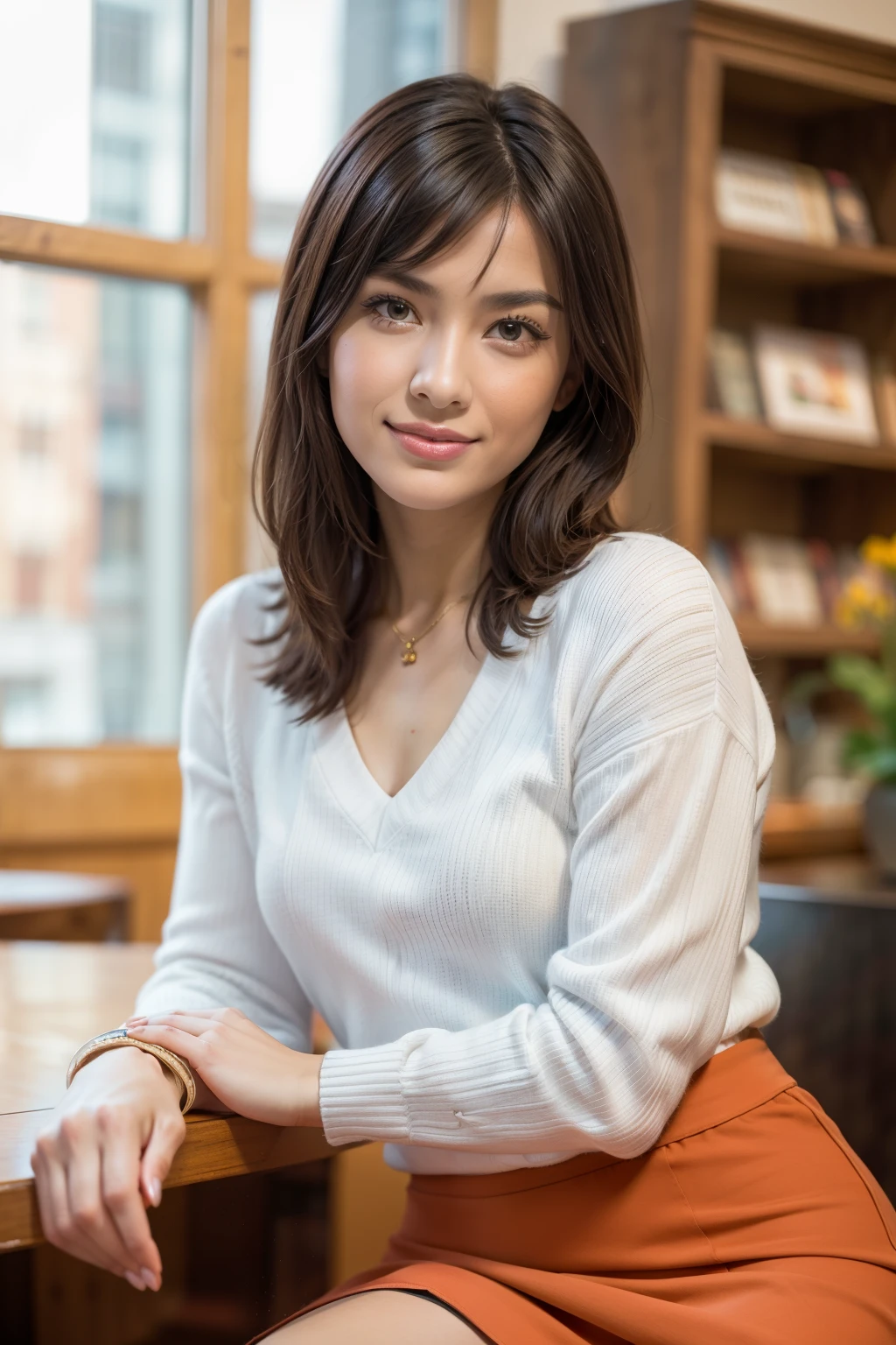 Realistic, Realistic, Tabletop, highest quality, RAW Photos, Face Focus, elegant, (One Woman), 28 years old, big, Loose-fitting white V-neck see-through knit sweater, (Orange tight skirt), (Brown Hair), (bangs), (Straight hair), (Looking into the camera), Beautiful Face, (A fearless smile), (Shapely bust), Perfect Anatomy, Perfect balance, Detailed human body