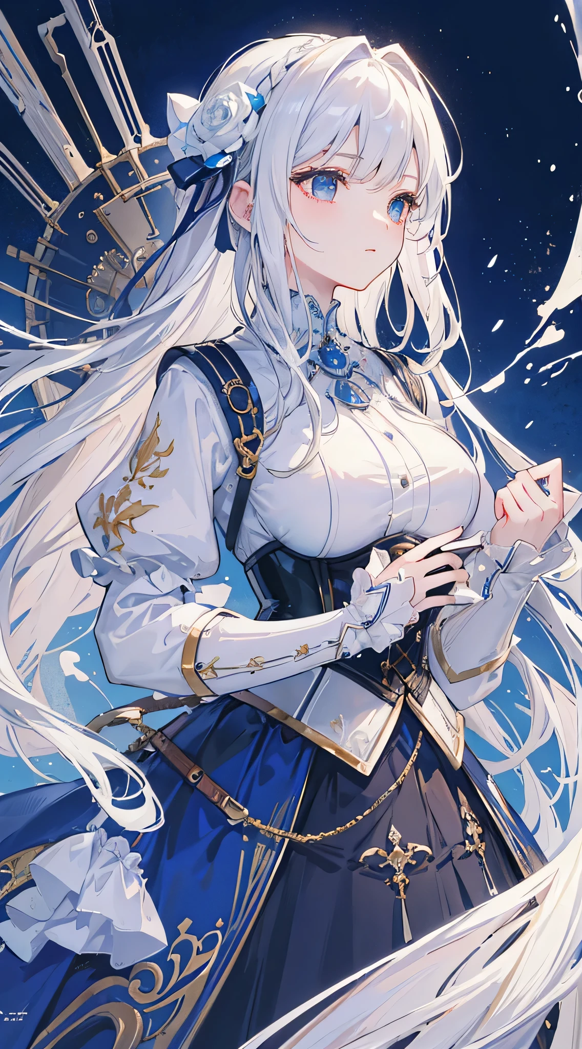 (((masterpiece)))、((top-quality))、(The ultra-detailliert)、(CG Illustration)、(a very beautiful woman))、Cinematic Light、((1 Mechanical Girl))、 (Beautiful and indulgent)()、Facing the front,white hair,Corset Belt,blue high waist skirt,Upper body portrait