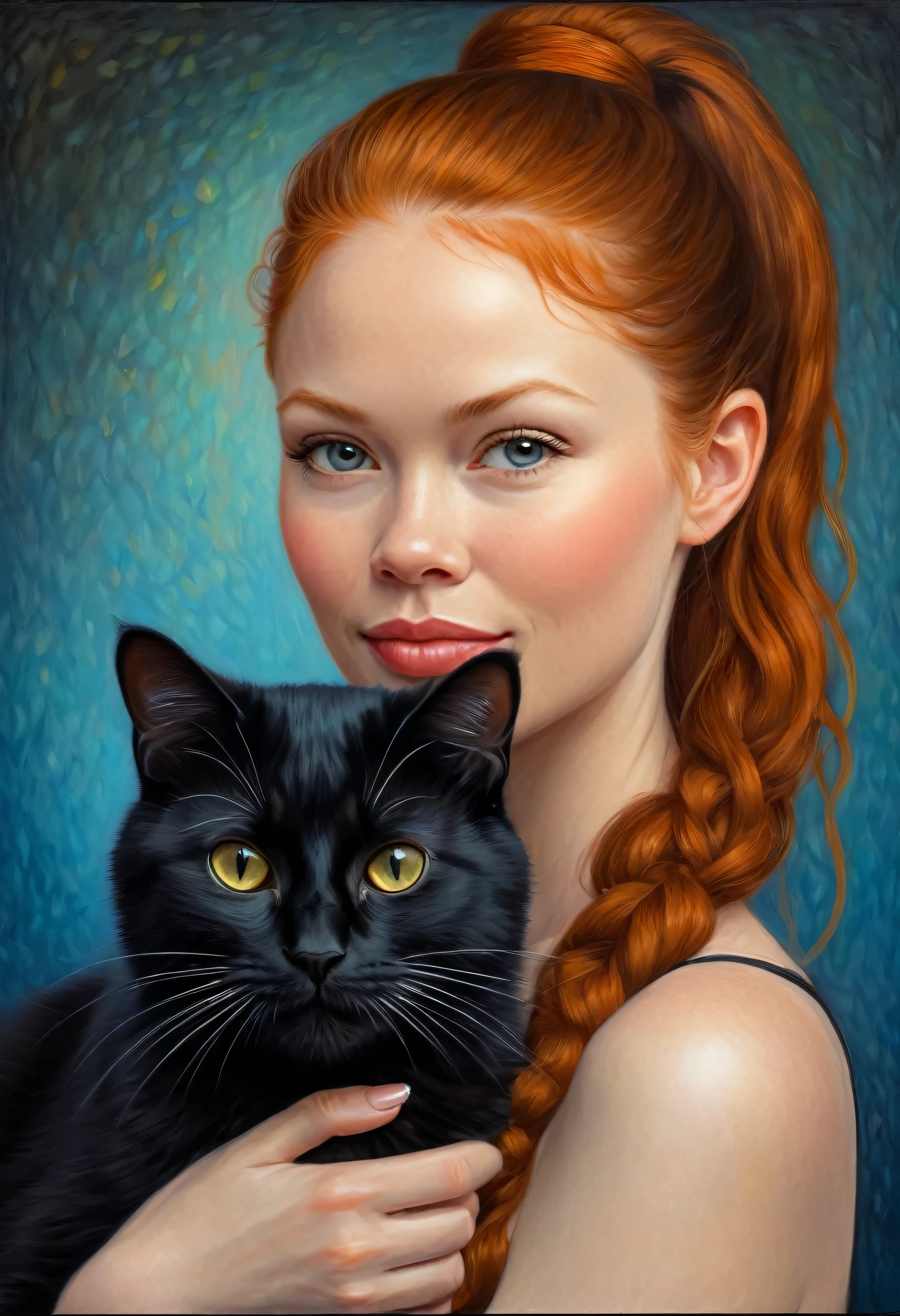 by Victor Nizovtsev and Becky Cloonan in the style of Phuoc Hoai Nguyen and Mark Keathley and Jasmine Becket-Griffith, beautiful 35 year old woman holding her pet cat, digital oil pastel on canvas of a cinematic photo ginger_ponytail